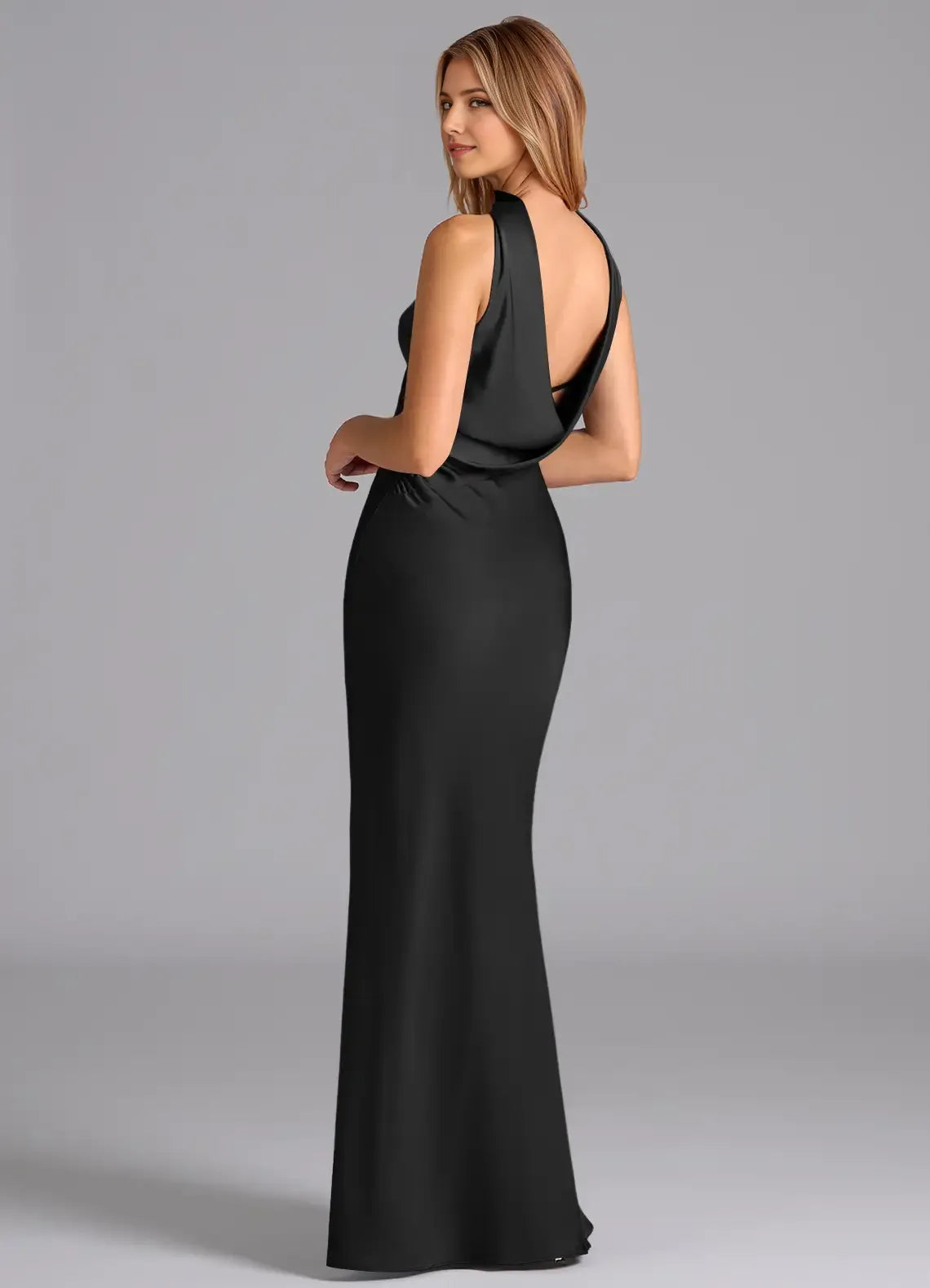 Sleek Mermaid Satin Halter Neck Sleeveless Deep V Back Floor Length Bridesmaid Dress