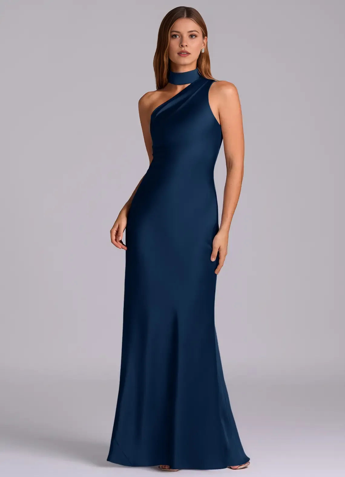Sleek Mermaid Satin Halter One Shoulder Open Back Floor Length Bridesmaid Dress