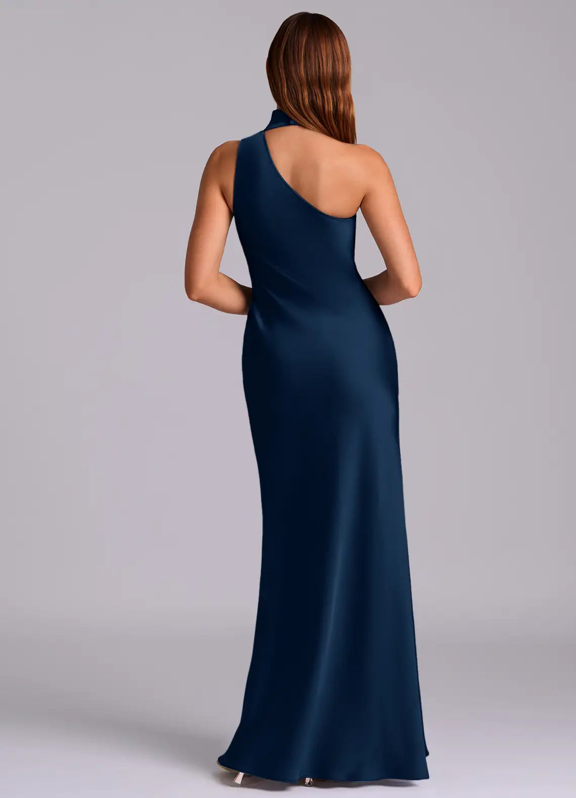 Sleek Mermaid Satin Halter One Shoulder Open Back Floor Length Bridesmaid Dress