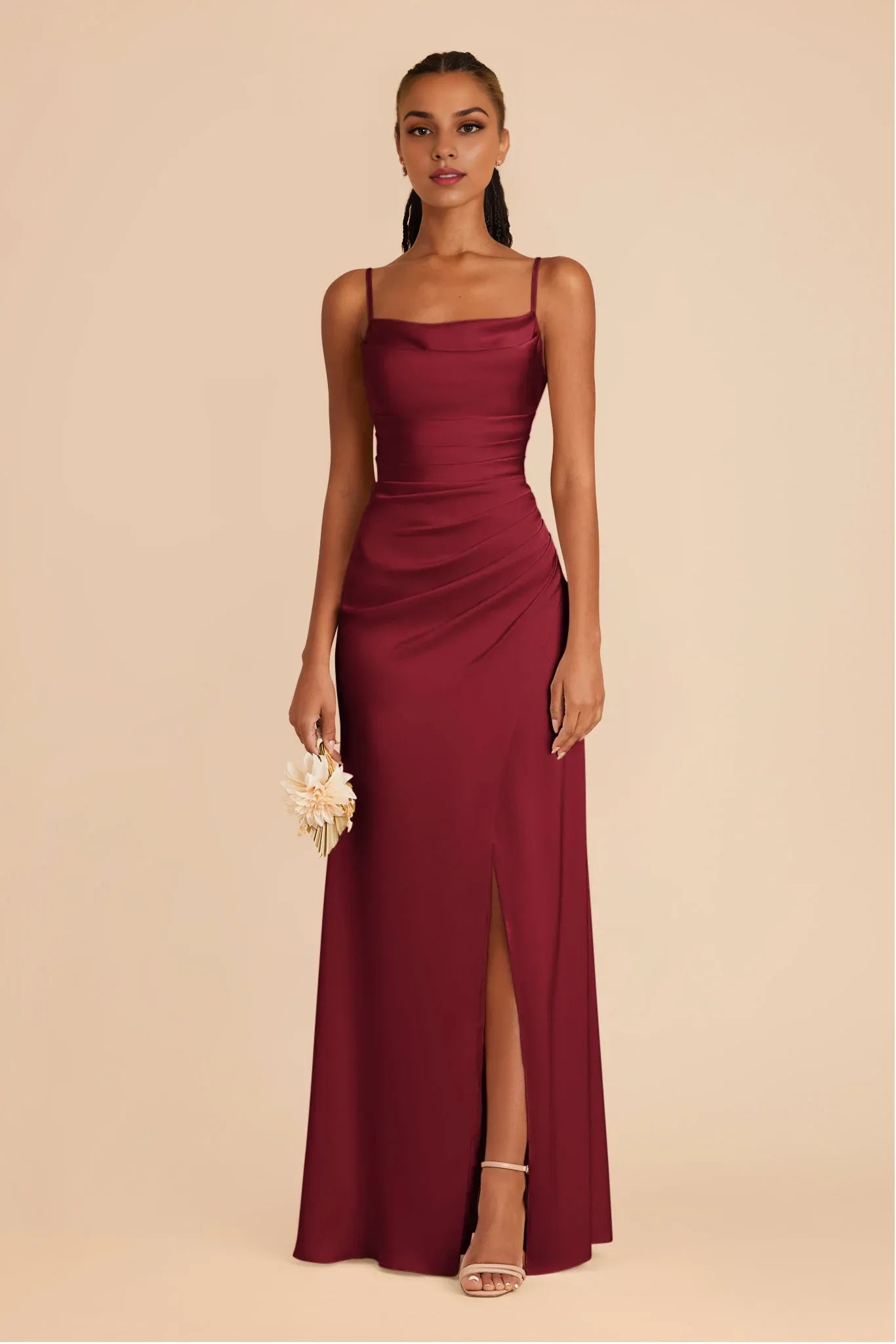 Sleek Ruched Satin Square Neck Spaghetti Strap Open Back Floor Length Bridesmaid Dresses