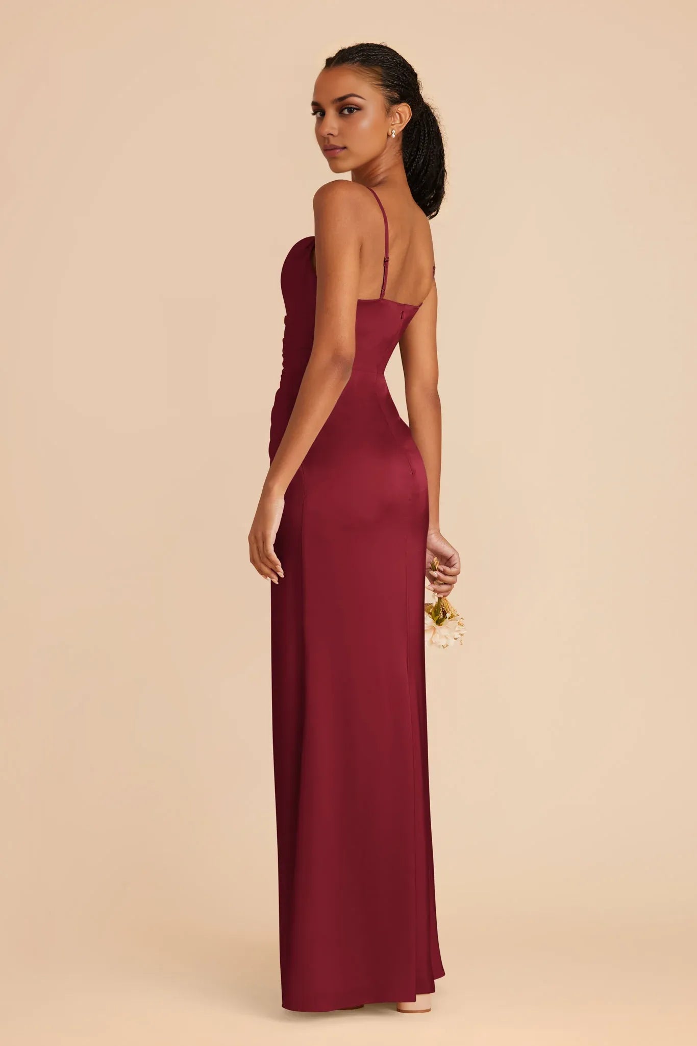 Sleek Ruched Satin Square Neck Spaghetti Strap Open Back Floor Length Bridesmaid Dresses