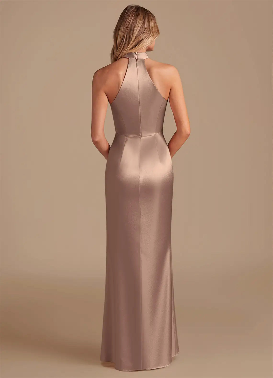 Sleek Sheath Halter Neck Sleeveless Keyhole Back Floor Length Bridesmaid Dress