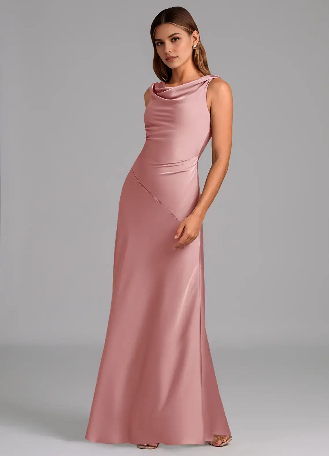 Sleek Sheath Satin Cowl Neck Sleeveless V Back Floor Length Bridesmaid Dress