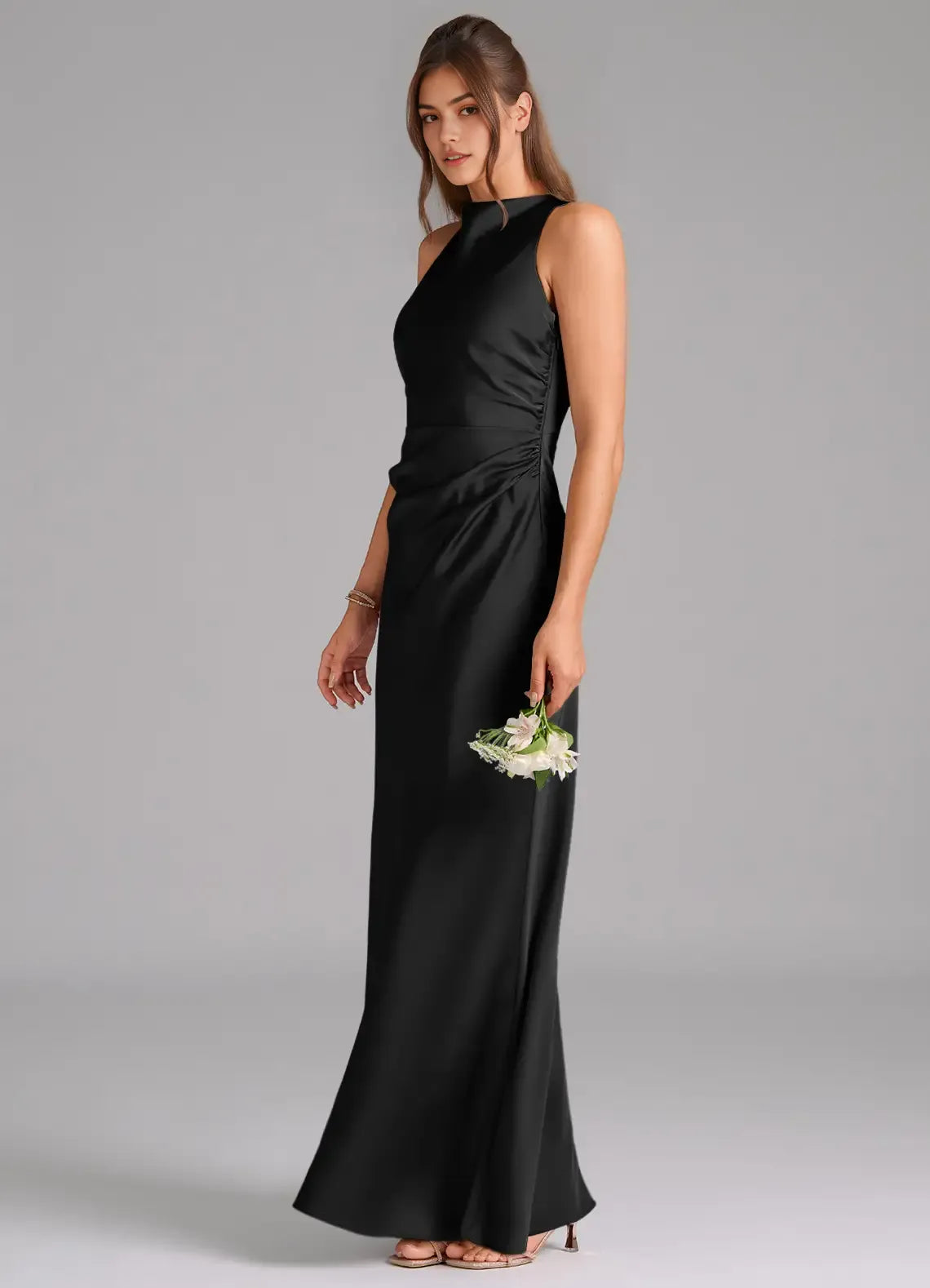Sleek Sheath Satin High Neck Sleeveless Cross Back Floor Length Bridesmaid Dress