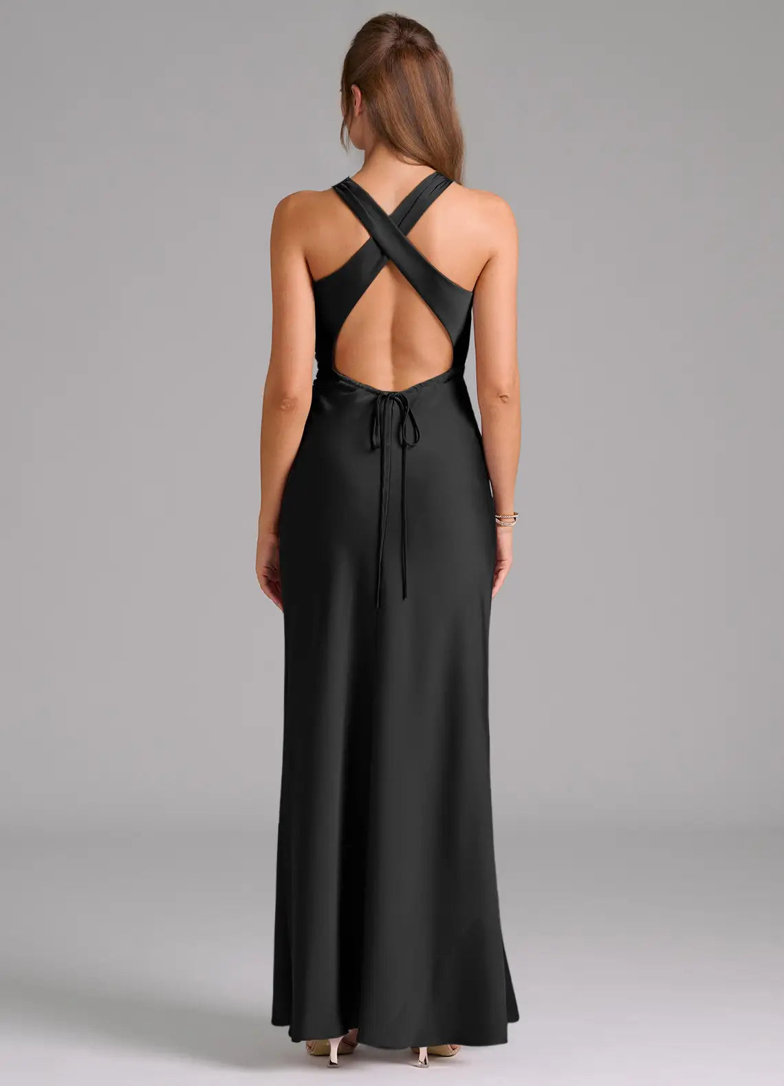 Sleek Sheath Satin High Neck Sleeveless Cross Back Floor Length Bridesmaid Dress