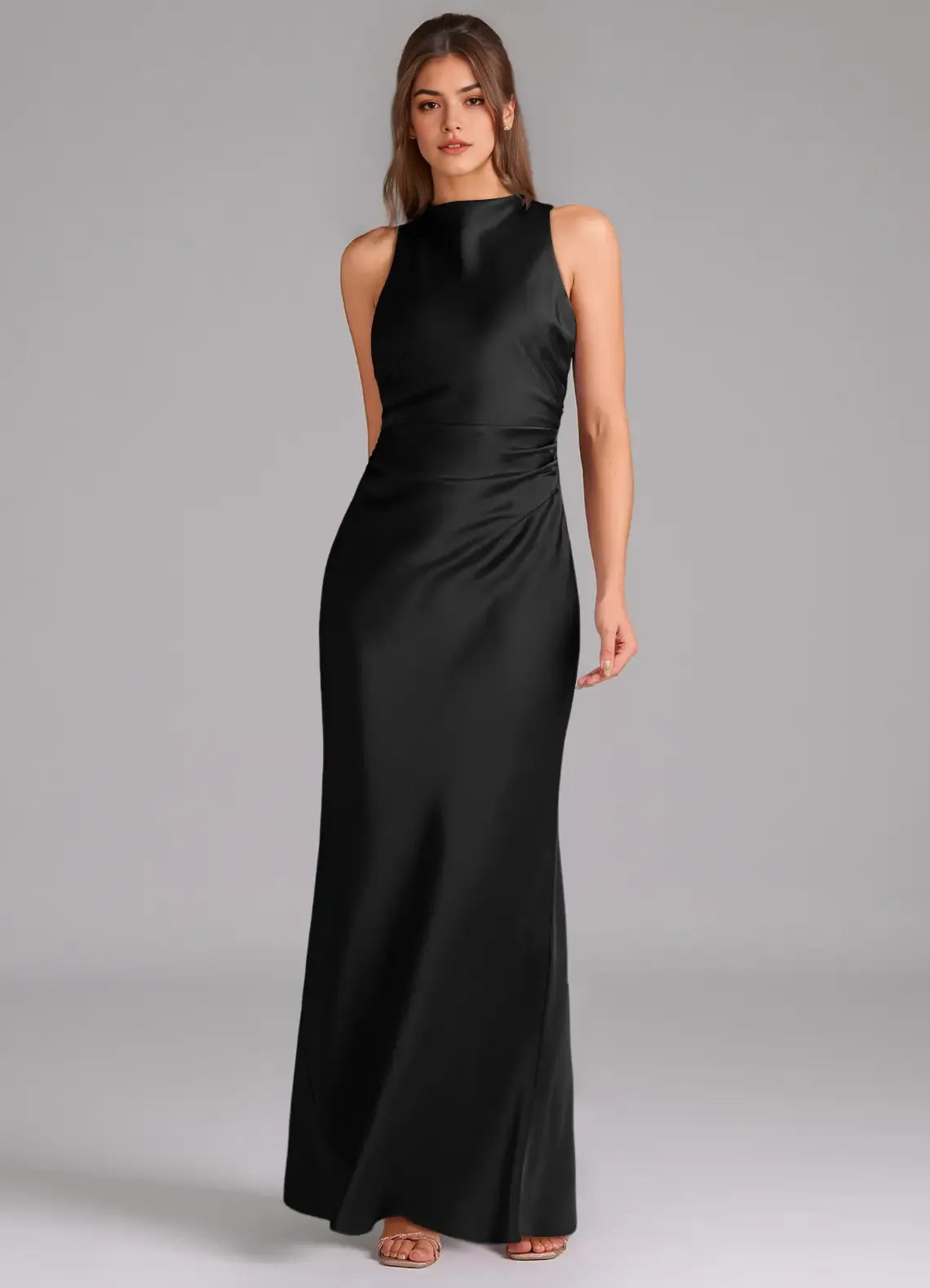Sleek Sheath Satin High Neck Sleeveless Cross Back Floor Length Bridesmaid Dress