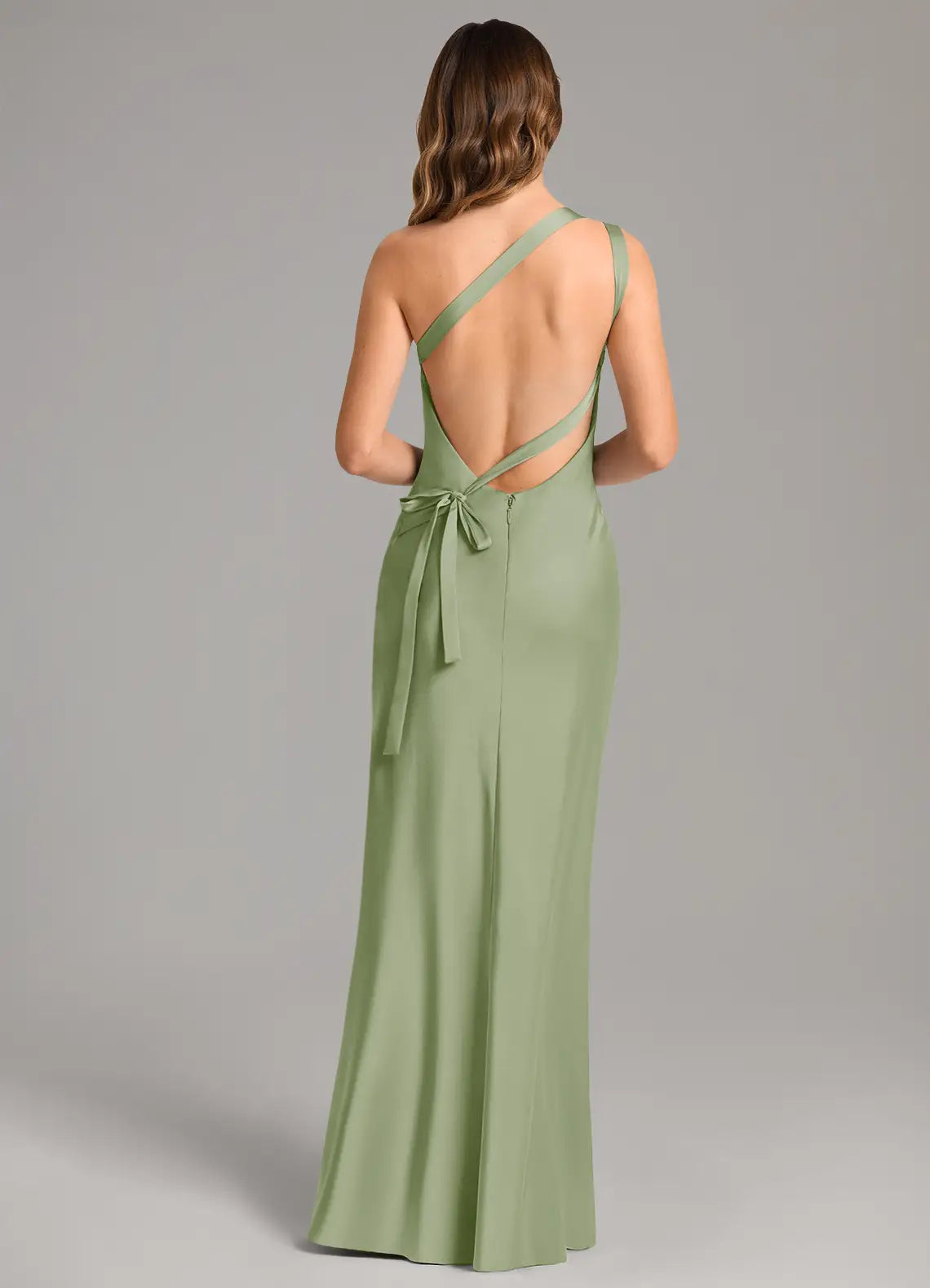Sleek Sheath Satin One Shoulder Sleeveless Cut Out Bow Back Floor-Length Bridesmaid Dress