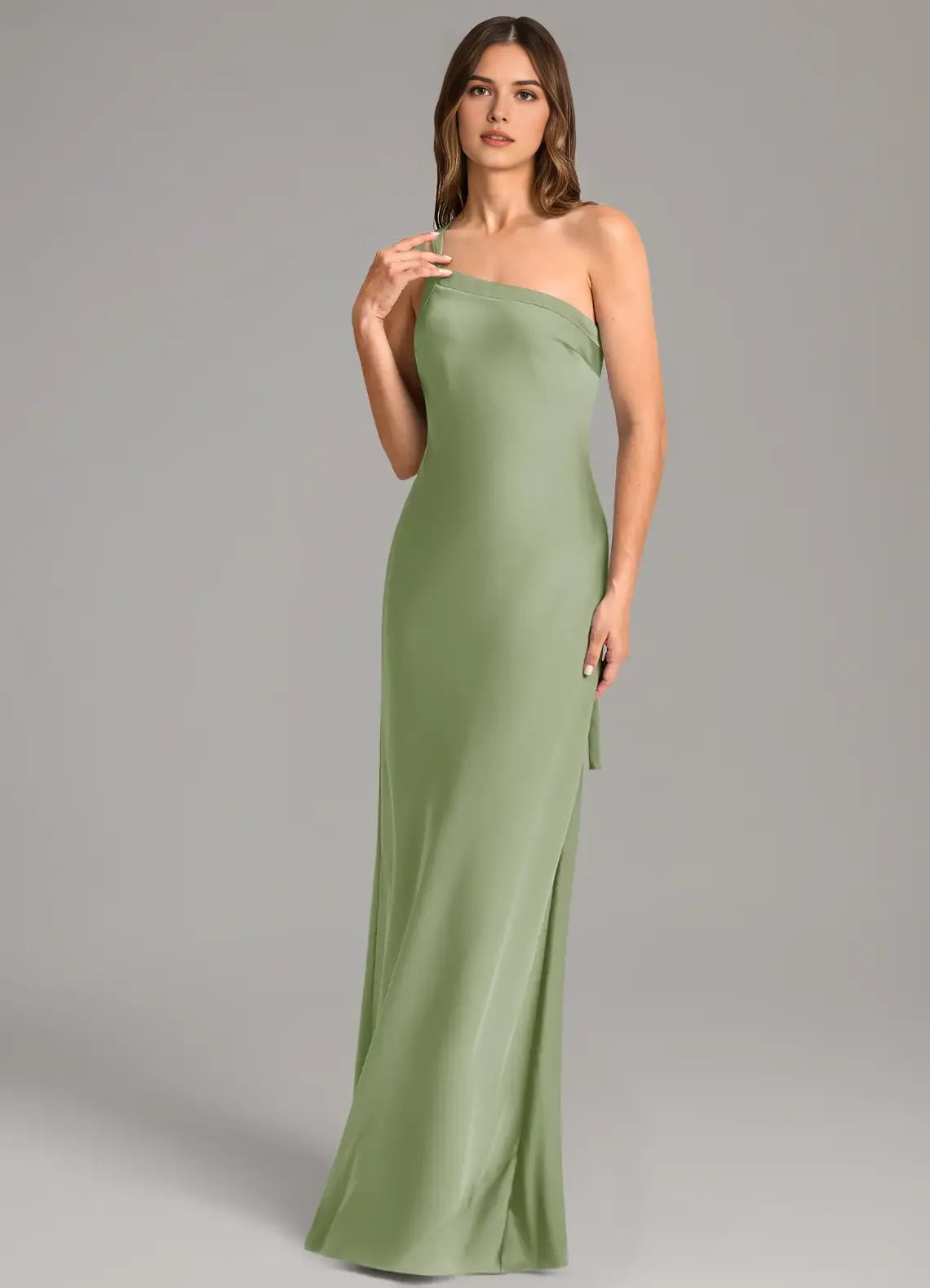 Sleek Sheath Satin One Shoulder Sleeveless Cut Out Bow Back Floor-Length Bridesmaid Dress