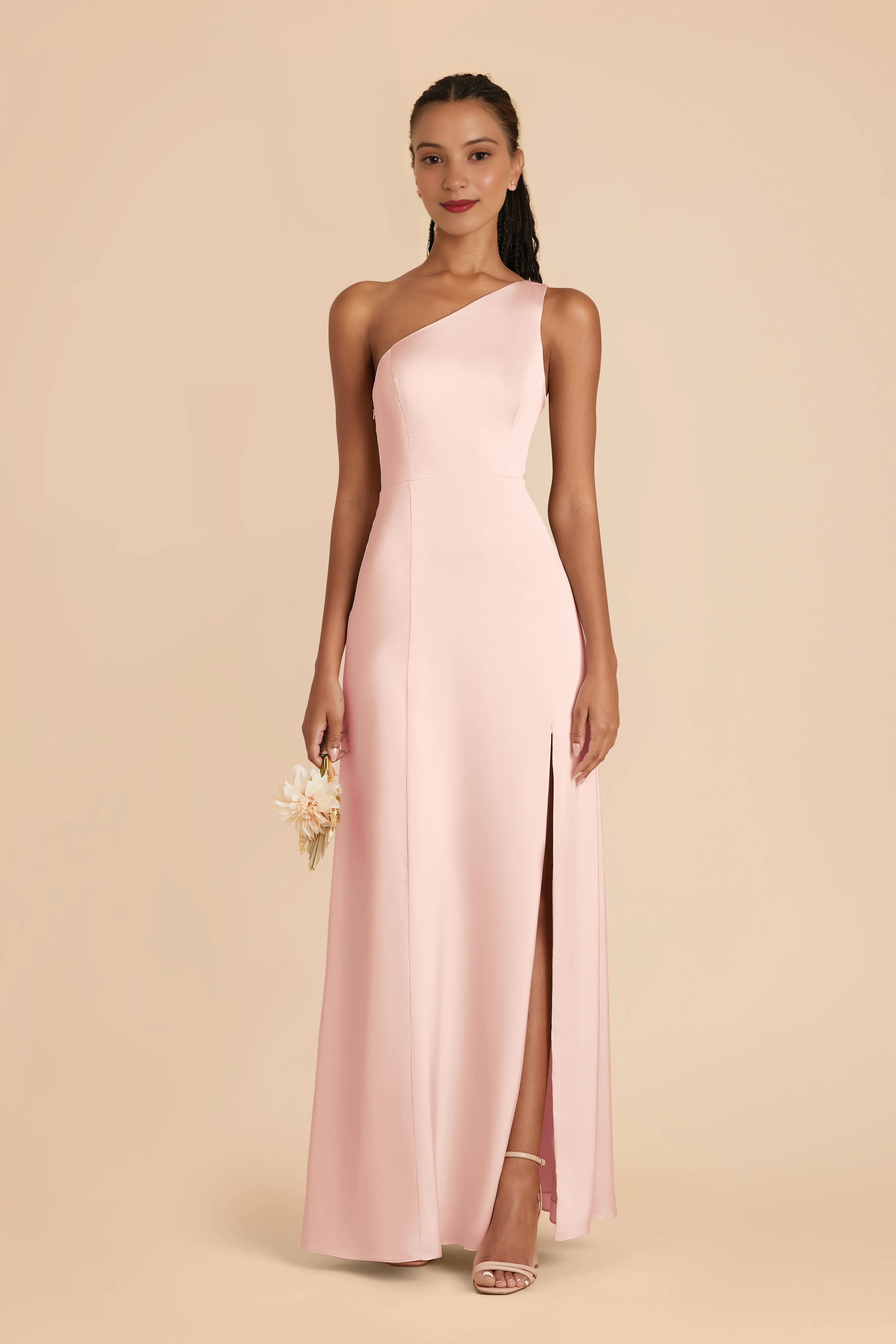 Sleek Sheath Satin One Shoulder Sleeveless Open Back Floor Length Bridesmaid Dress