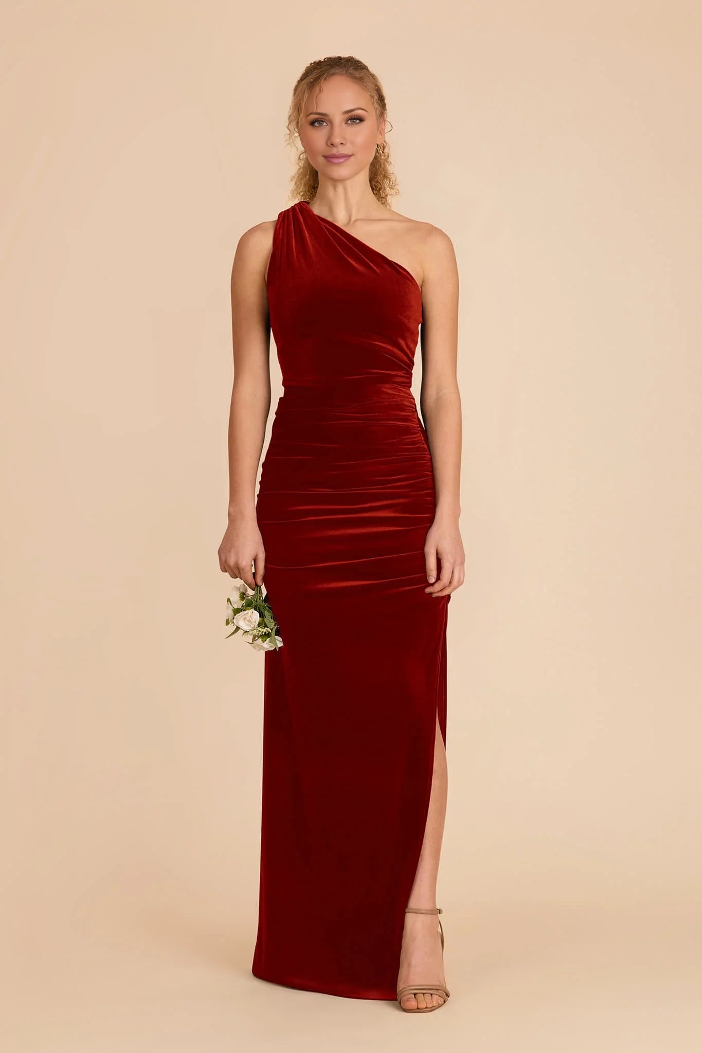 Sleek Burnt Orange Velvet One-Shoulder Ruched Maxi Bridesmaid Dress with High Side Slit