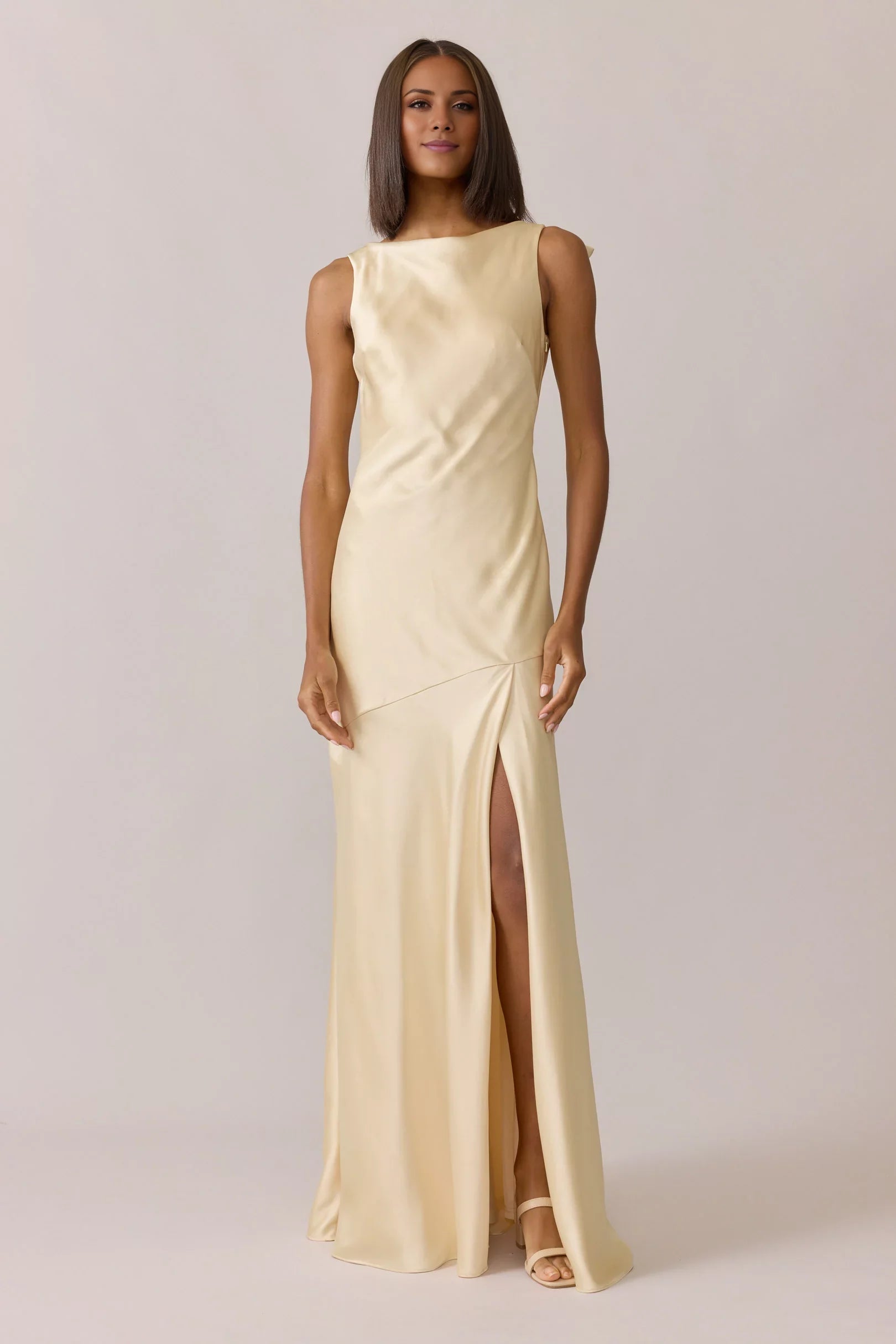 Sleek Champagne Satin Asymmetrical-Neck Tie-Back Floor-Length Bridesmaid Gown