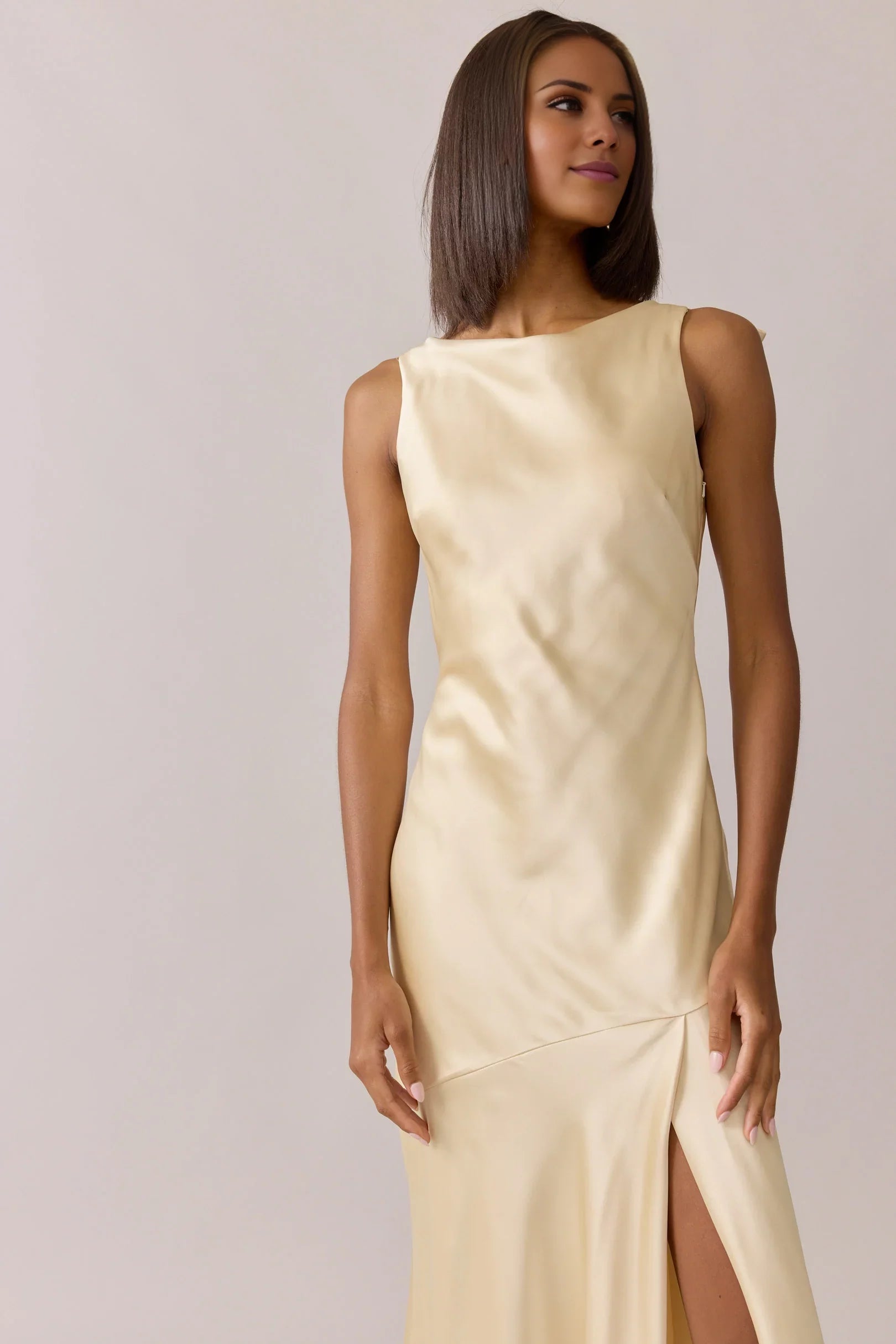 Sleek Champagne Satin Asymmetrical-Neck Tie-Back Floor-Length Bridesmaid Gown