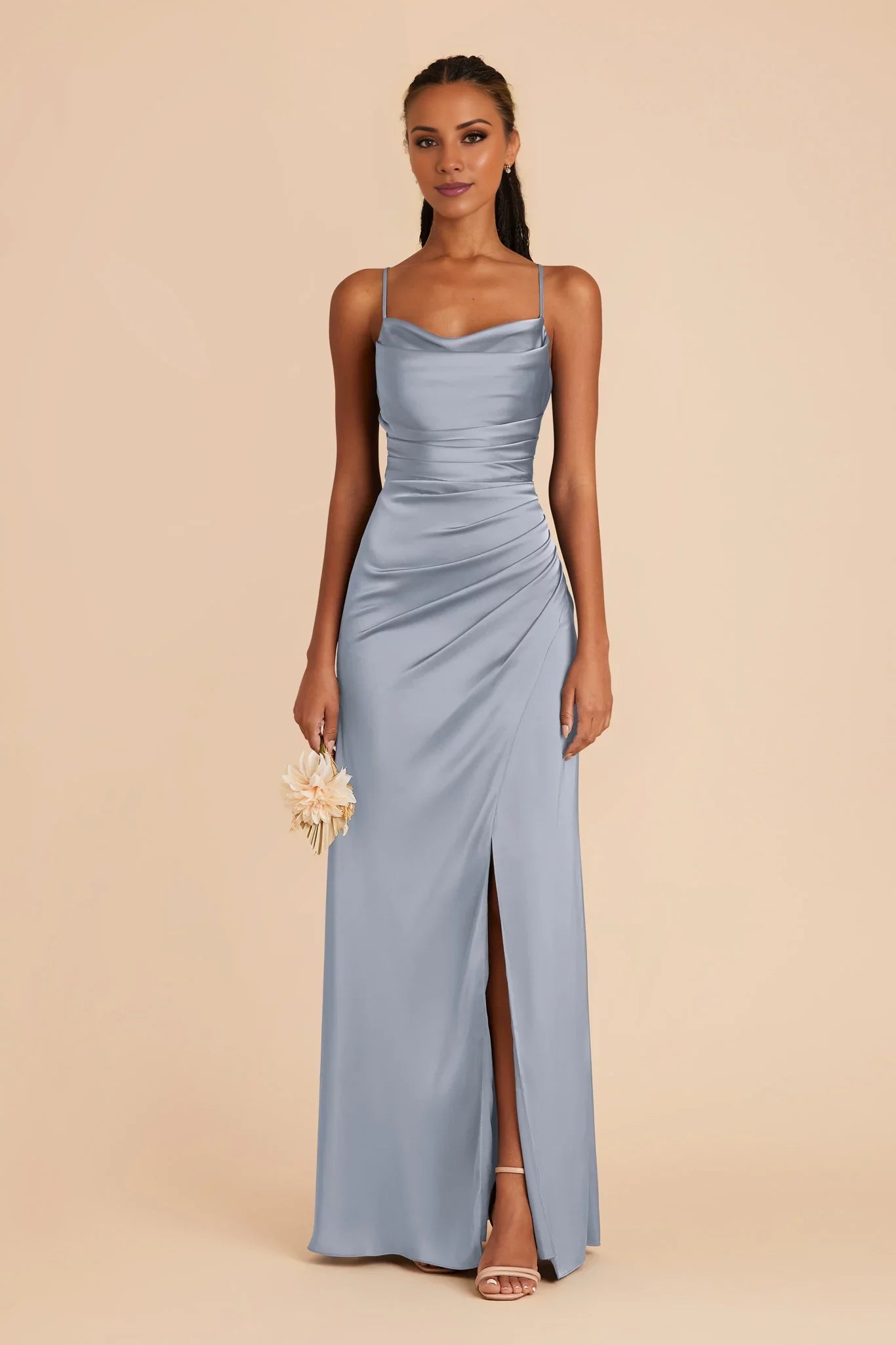 Sleek Dusty Blue Satin Cowl Neck Spaghetti-Strap Maxi Bridesmaid Dress with Ruched Waist & High Side Slit