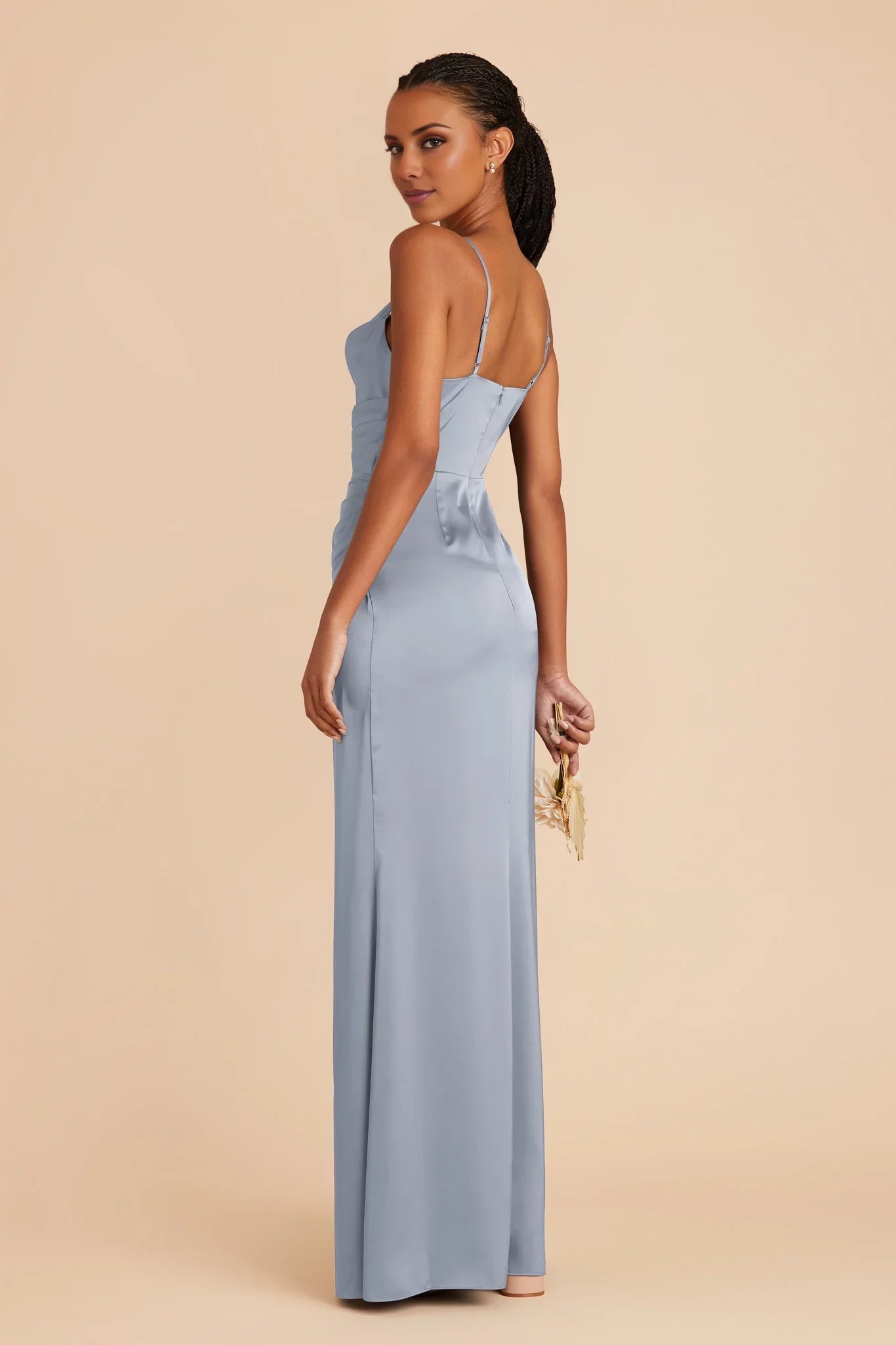 Sleek Dusty Blue Satin Cowl Neck Spaghetti-Strap Maxi Bridesmaid Dress with Ruched Waist & High Side Slit