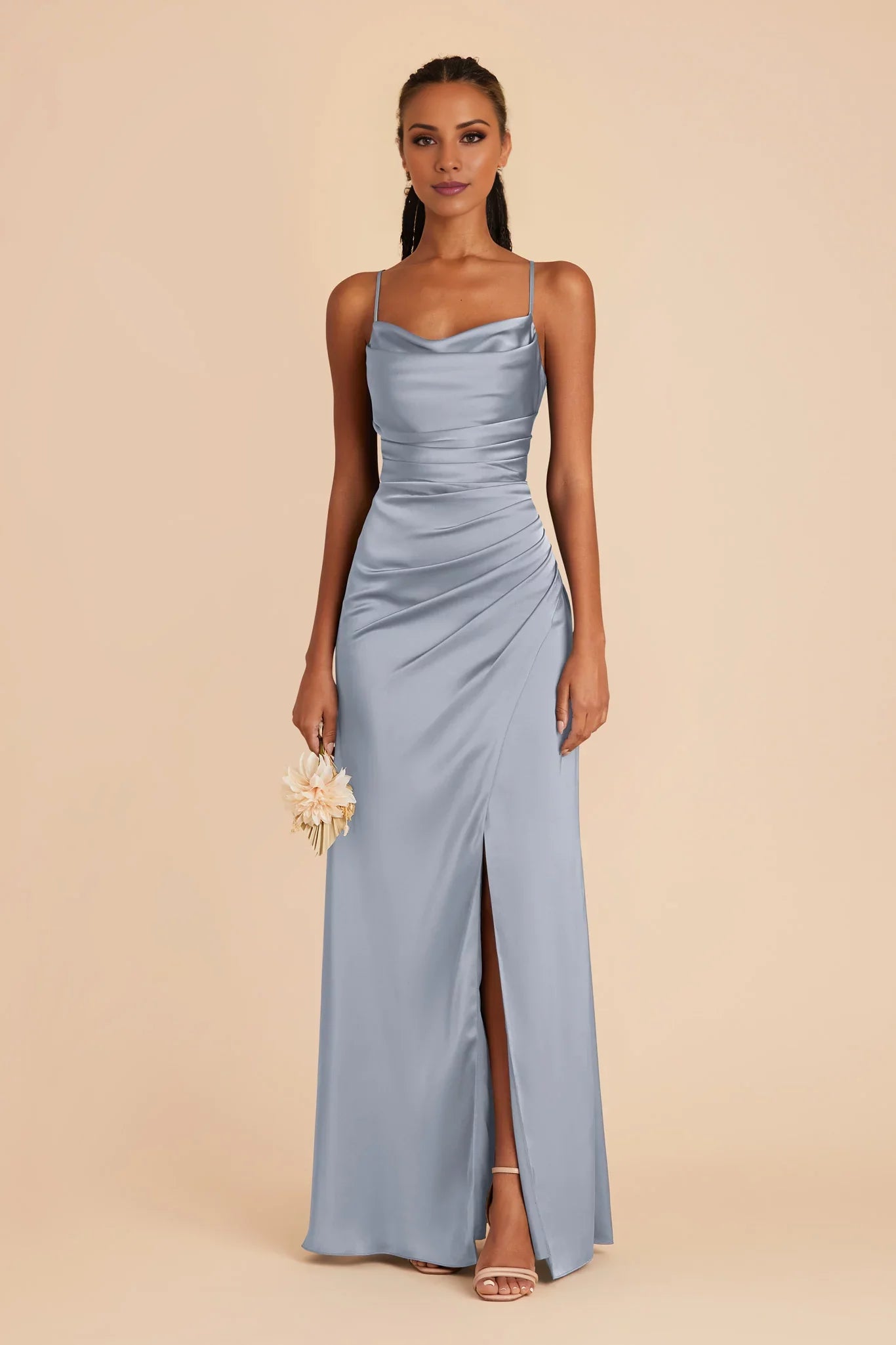 Sleek Dusty Blue Satin Cowl Neck Spaghetti-Strap Maxi Bridesmaid Dress with Ruched Waist & High Side Slit
