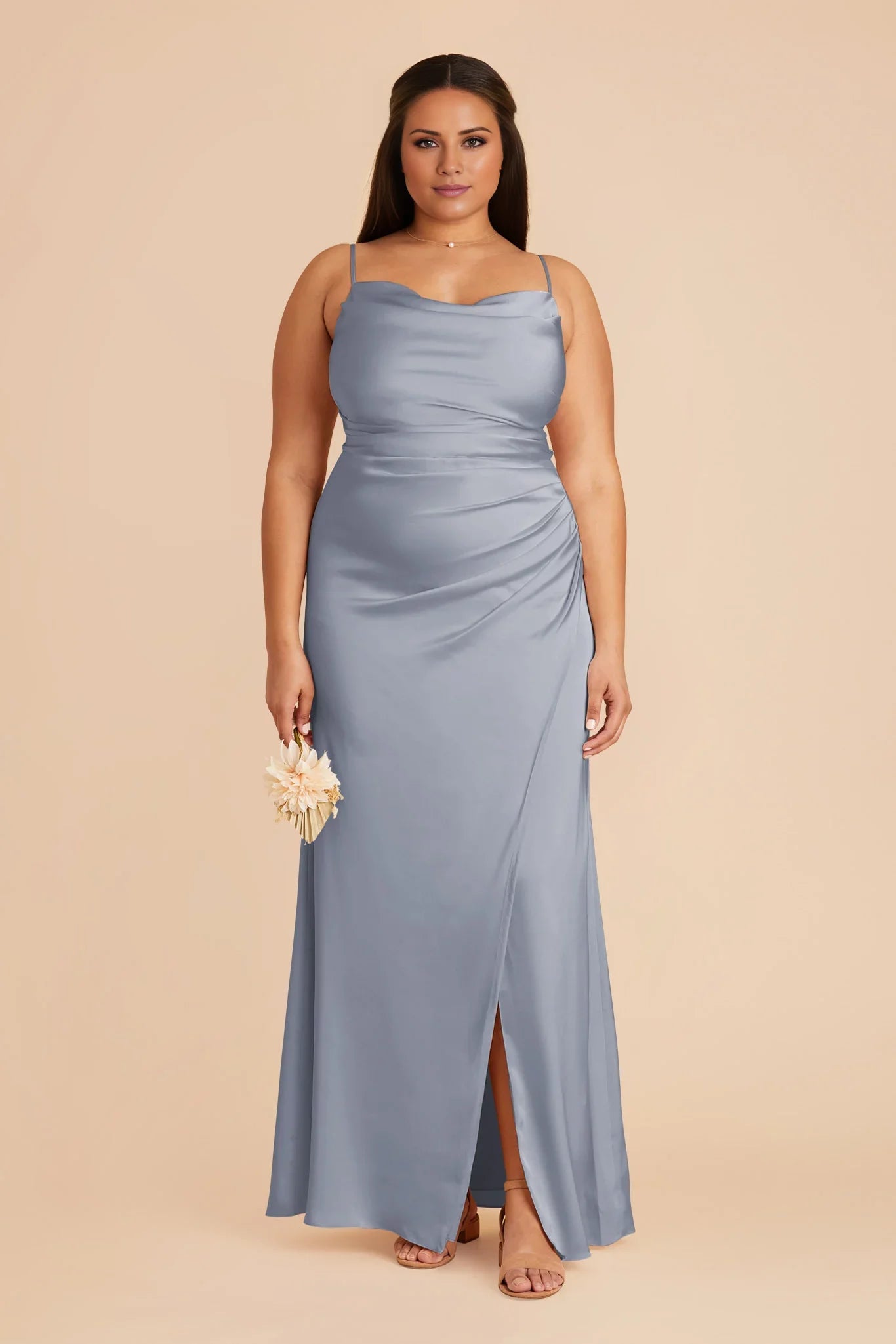 Sleek Dusty Blue Satin Cowl Neck Spaghetti-Strap Maxi Bridesmaid Dress with Ruched Waist & High Side Slit