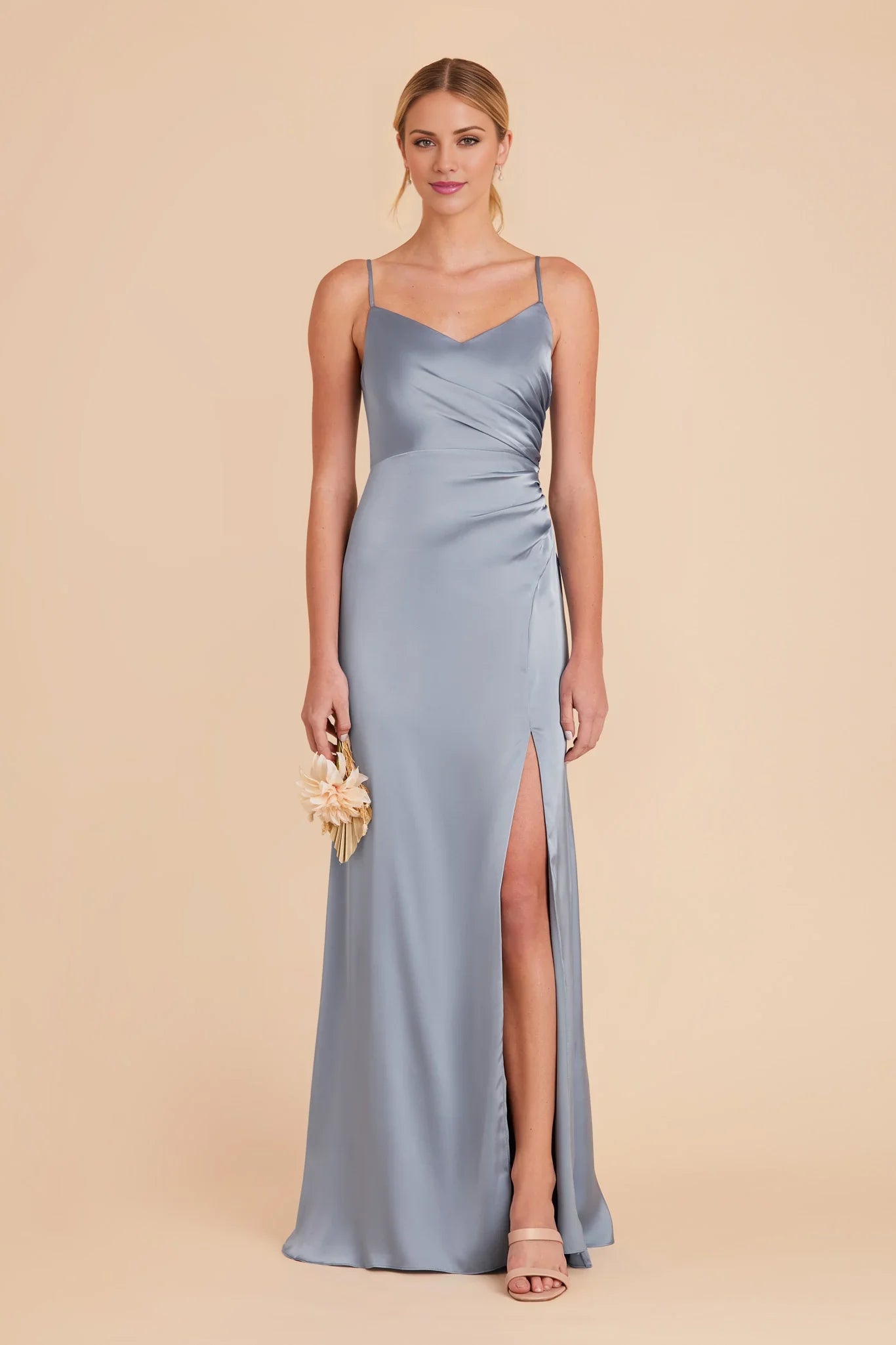 Sleek Dusty Blue Satin Deep V-Neck Spaghetti-Strap Maxi Bridesmaid Dress with Ruched Waist & High Side Slit