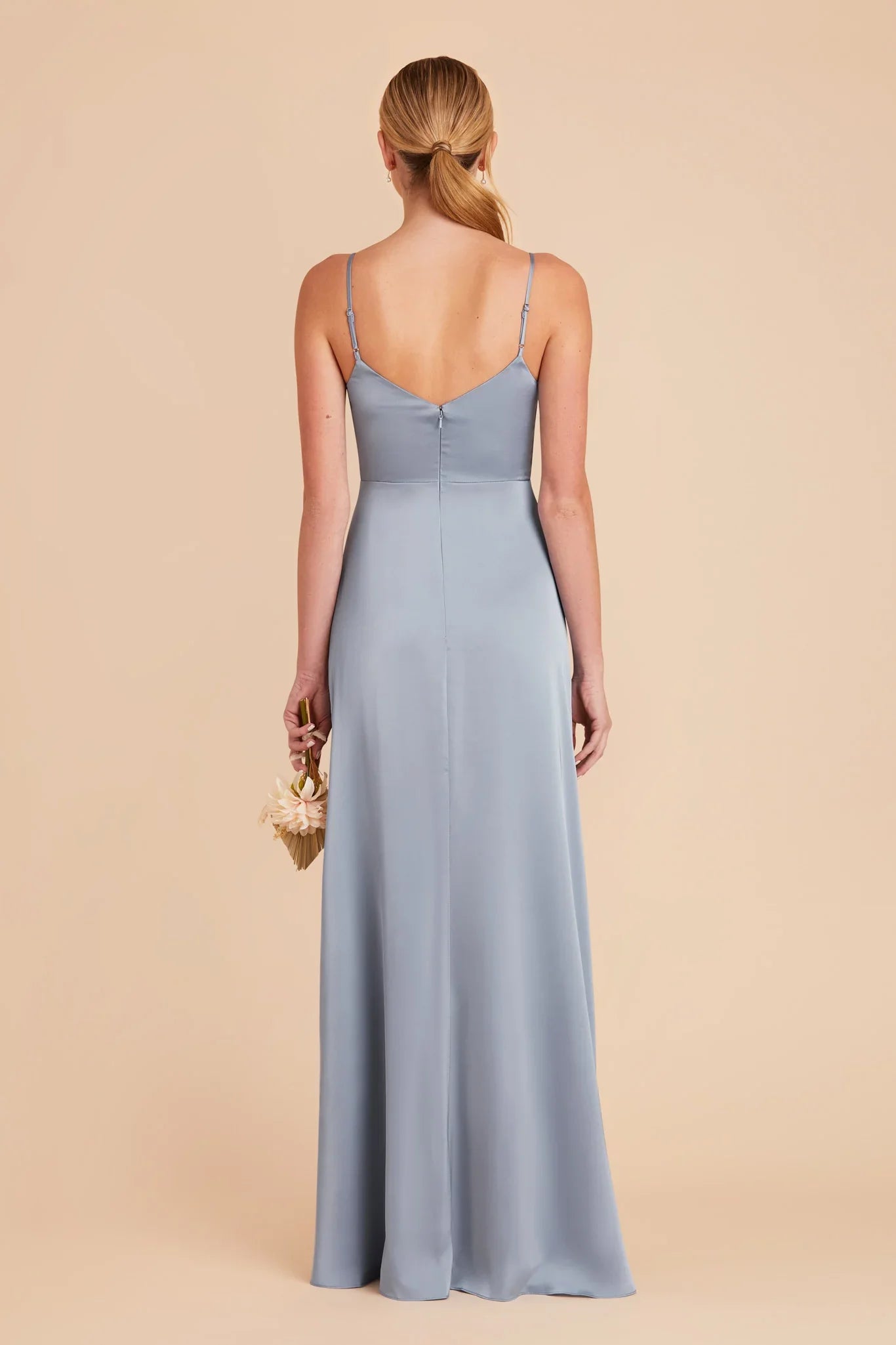 Sleek Dusty Blue Satin Deep V-Neck Spaghetti-Strap Maxi Bridesmaid Dress with Ruched Waist & High Side Slit