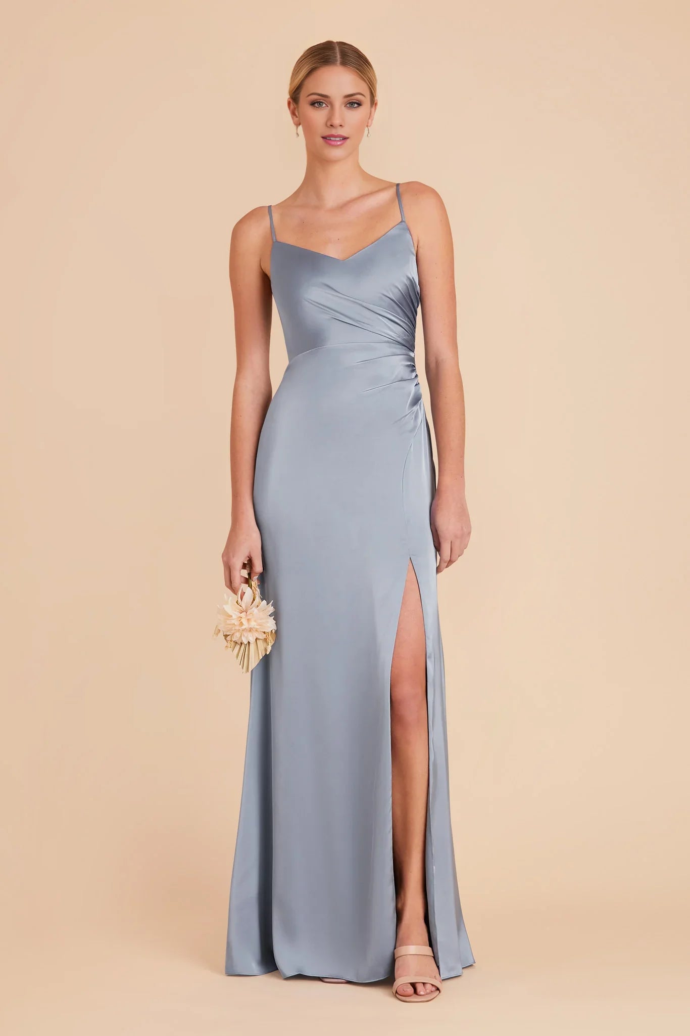 Sleek Dusty Blue Satin Deep V-Neck Spaghetti-Strap Maxi Bridesmaid Dress with Ruched Waist & High Side Slit