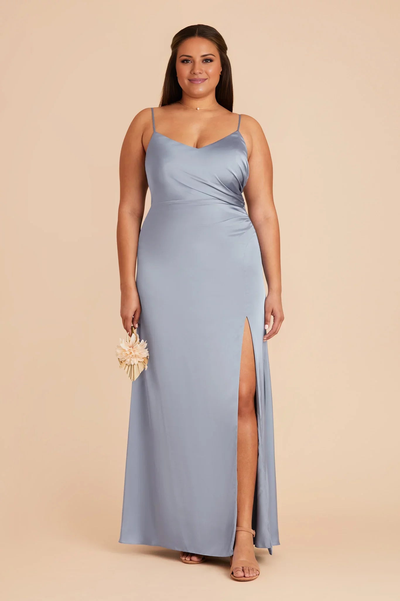 Sleek Dusty Blue Satin Deep V-Neck Spaghetti-Strap Maxi Bridesmaid Dress with Ruched Waist & High Side Slit