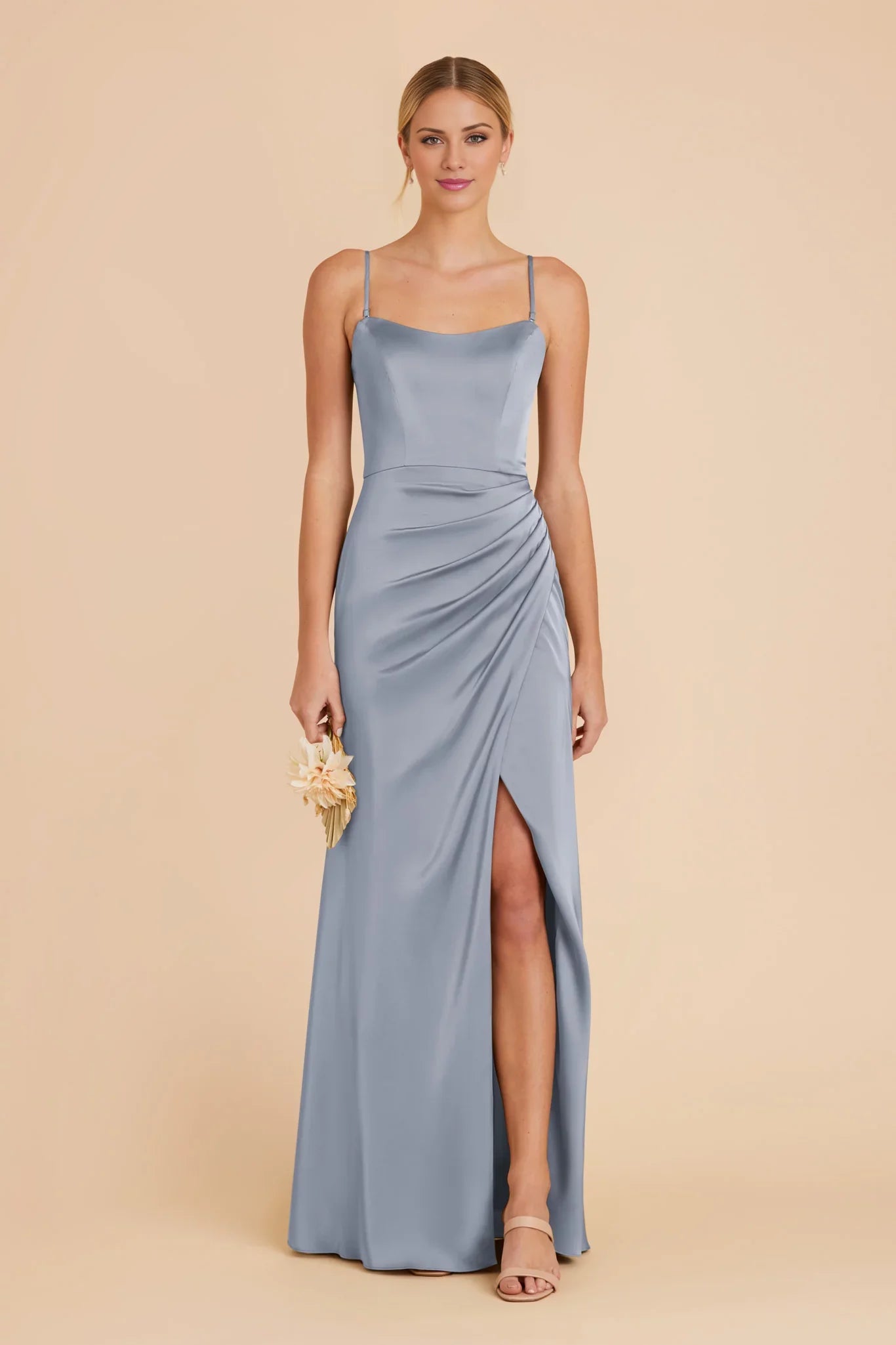 Sleek Dusty Blue Satin Square Neck Spaghetti-Strap Maxi Bridesmaid Dress with Ruched Waist & High Side Slit