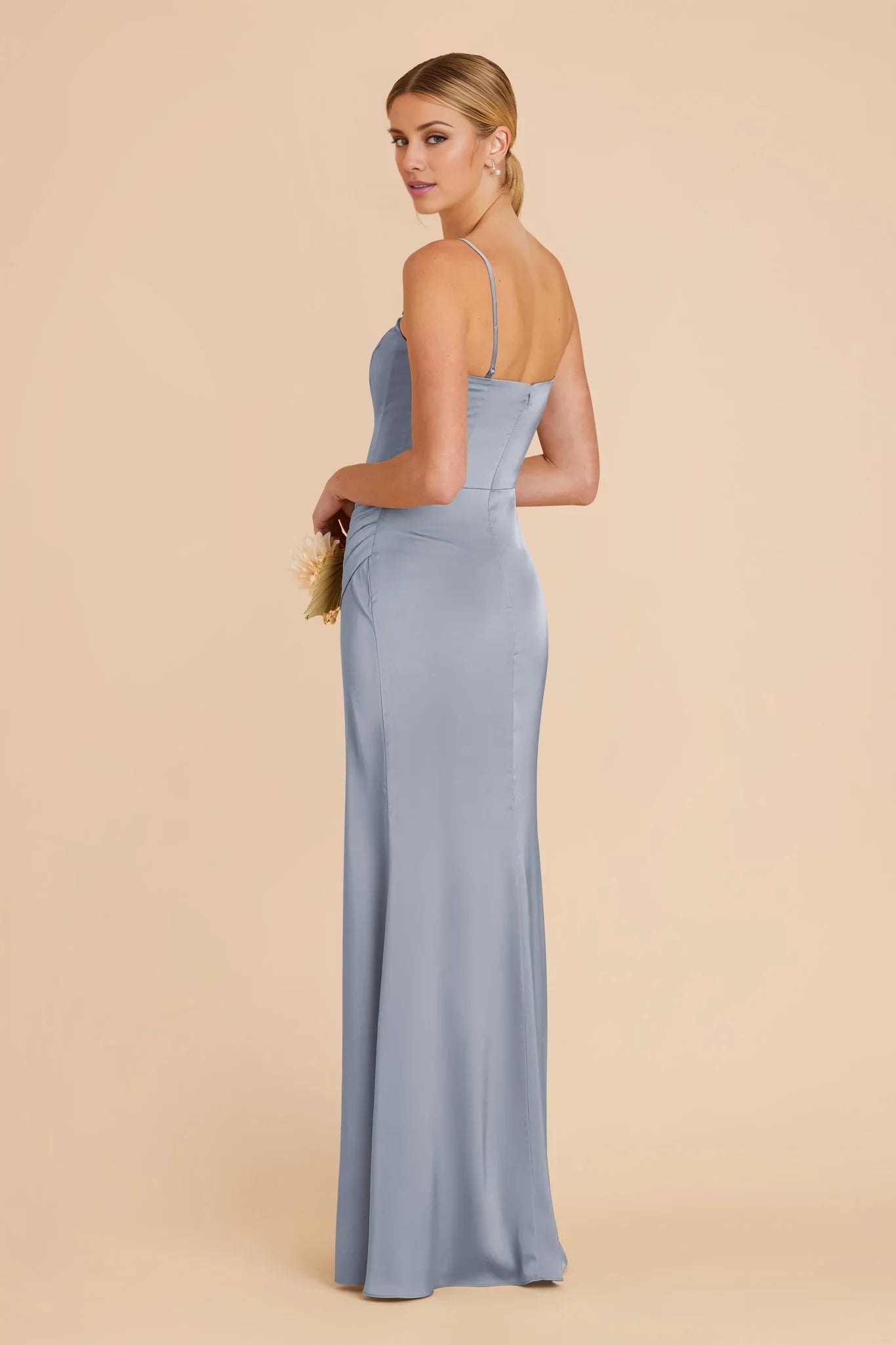 Sleek Dusty Blue Satin Square Neck Spaghetti-Strap Maxi Bridesmaid Dress with Ruched Waist & High Side Slit