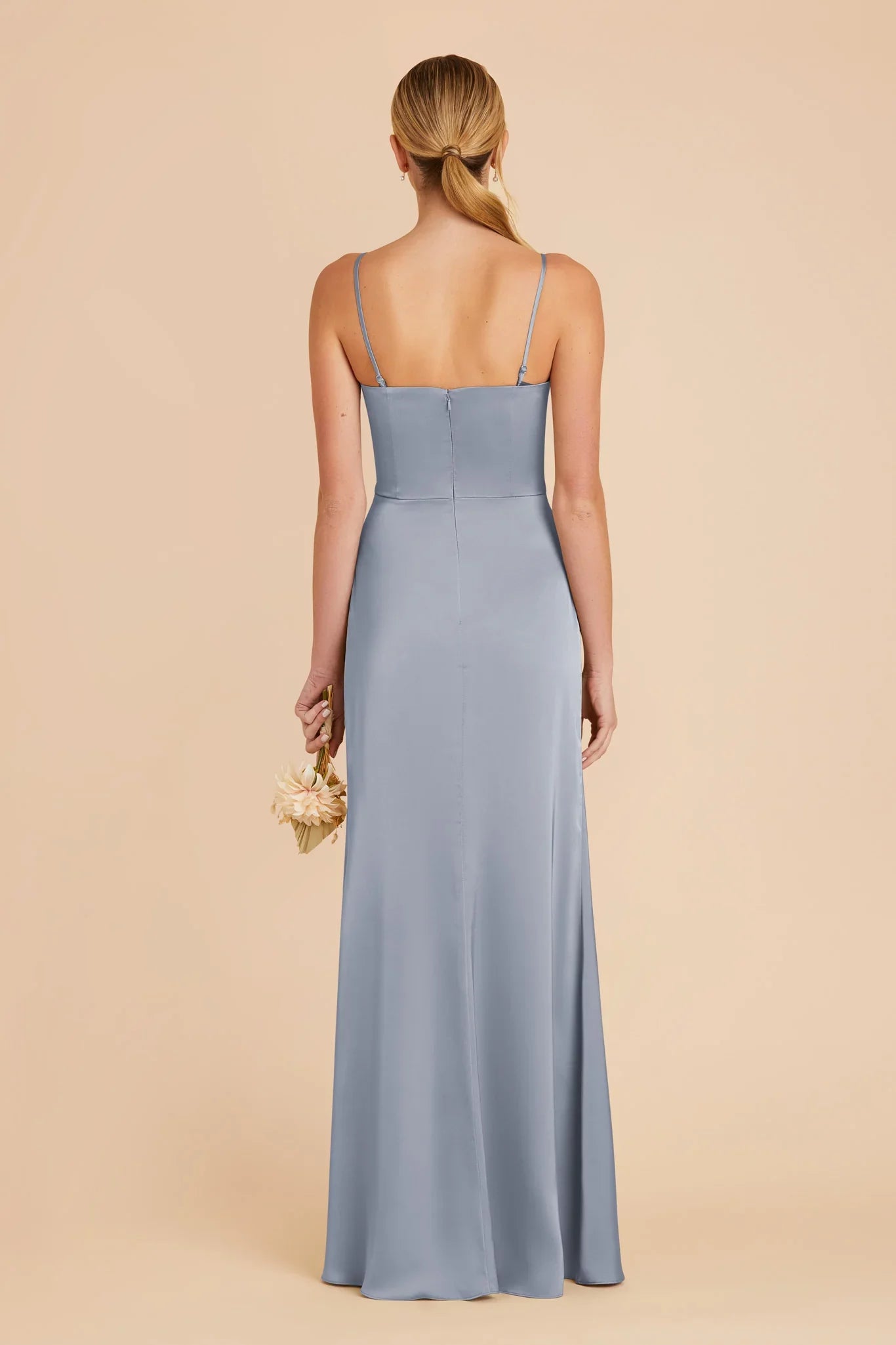 Sleek Dusty Blue Satin Square Neck Spaghetti-Strap Maxi Bridesmaid Dress with Ruched Waist & High Side Slit