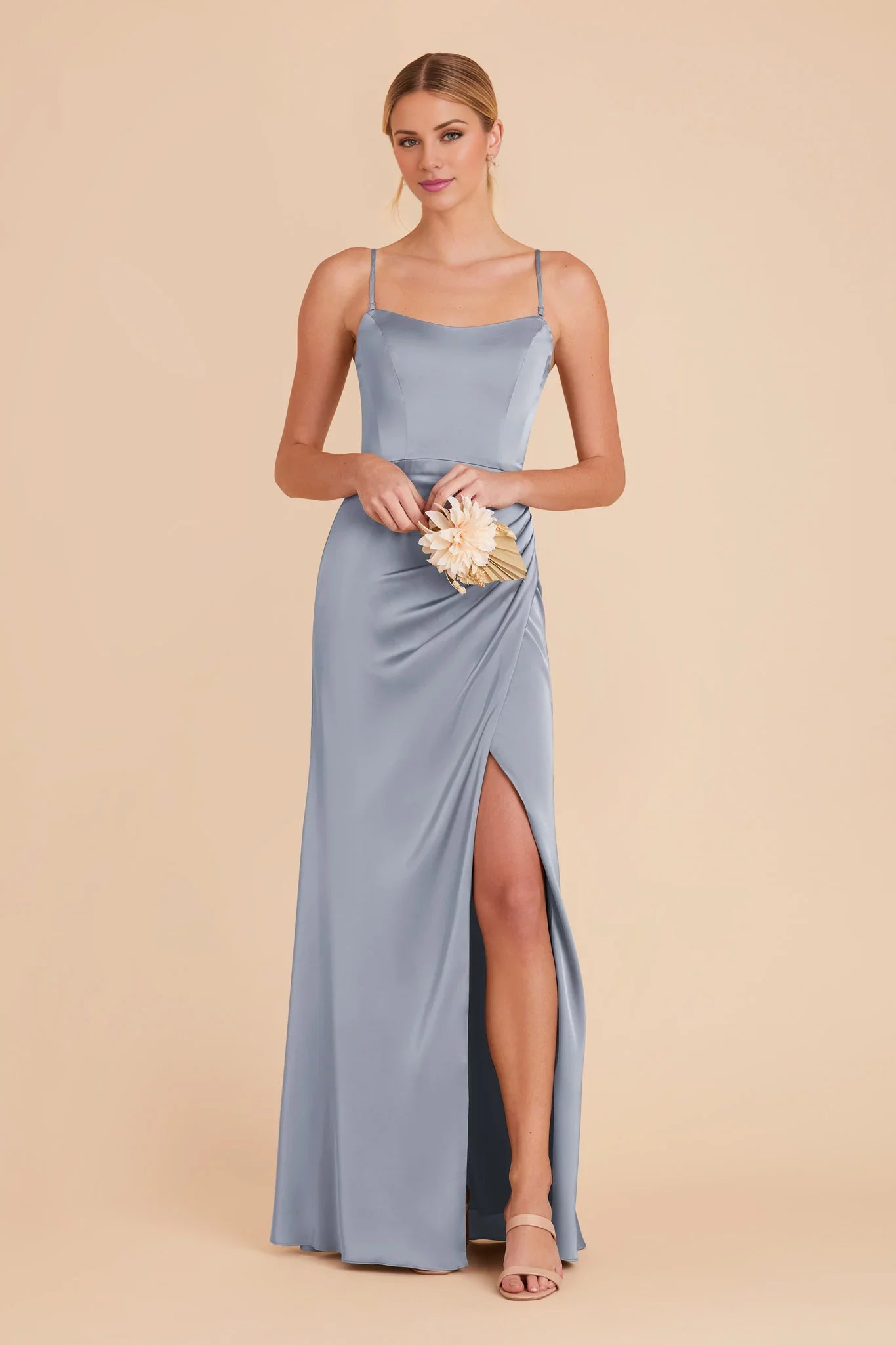 Sleek Dusty Blue Satin Square Neck Spaghetti-Strap Maxi Bridesmaid Dress with Ruched Waist & High Side Slit