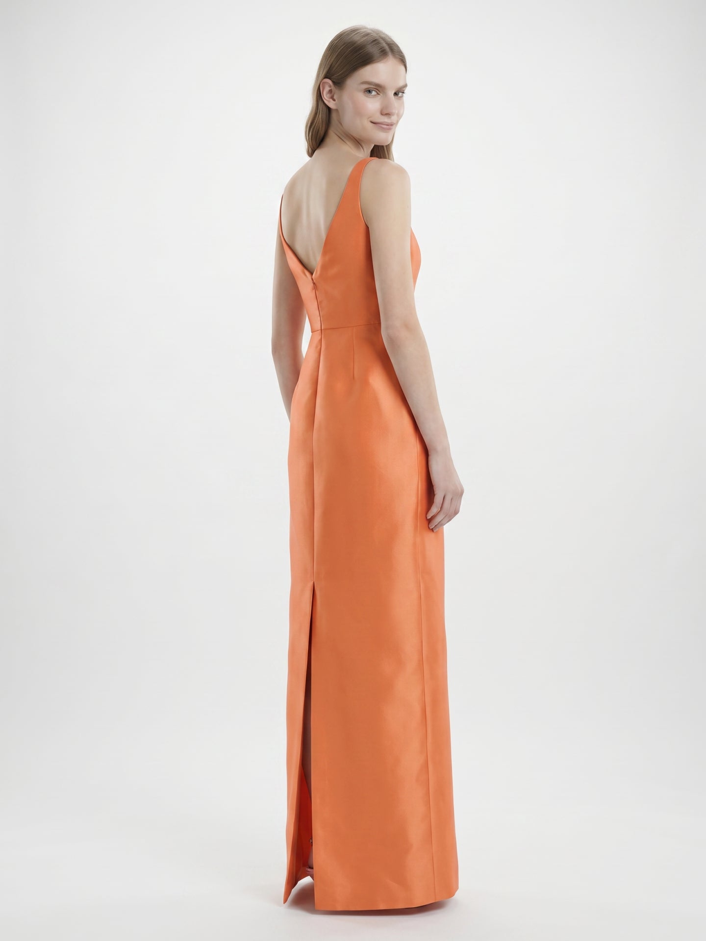 Sleek Orange Satin Sheath Straight Neck V-Back Floor-Length Bridesmaid Dress