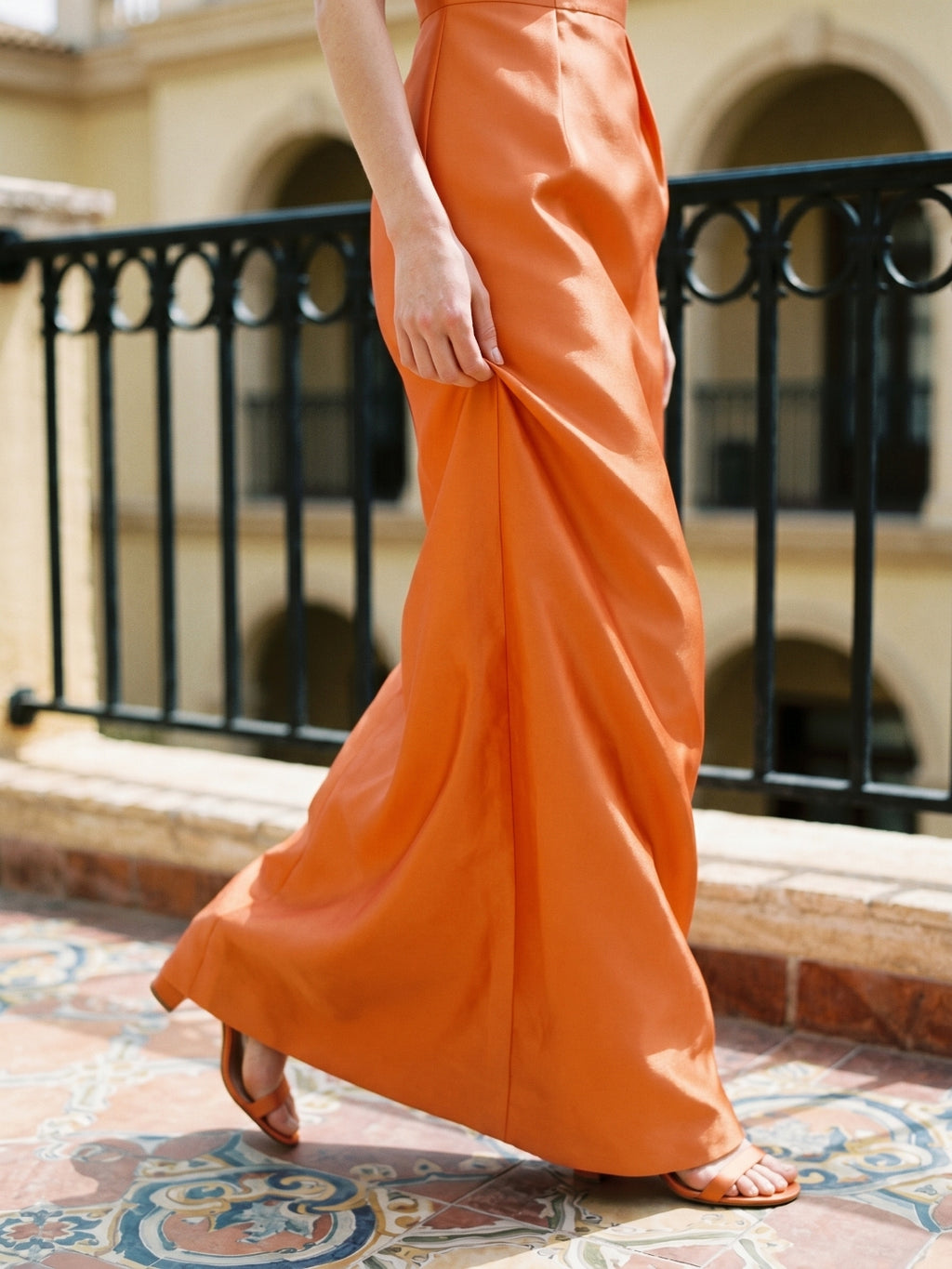 Sleek Orange Satin Sheath Straight Neck V-Back Floor-Length Bridesmaid Dress