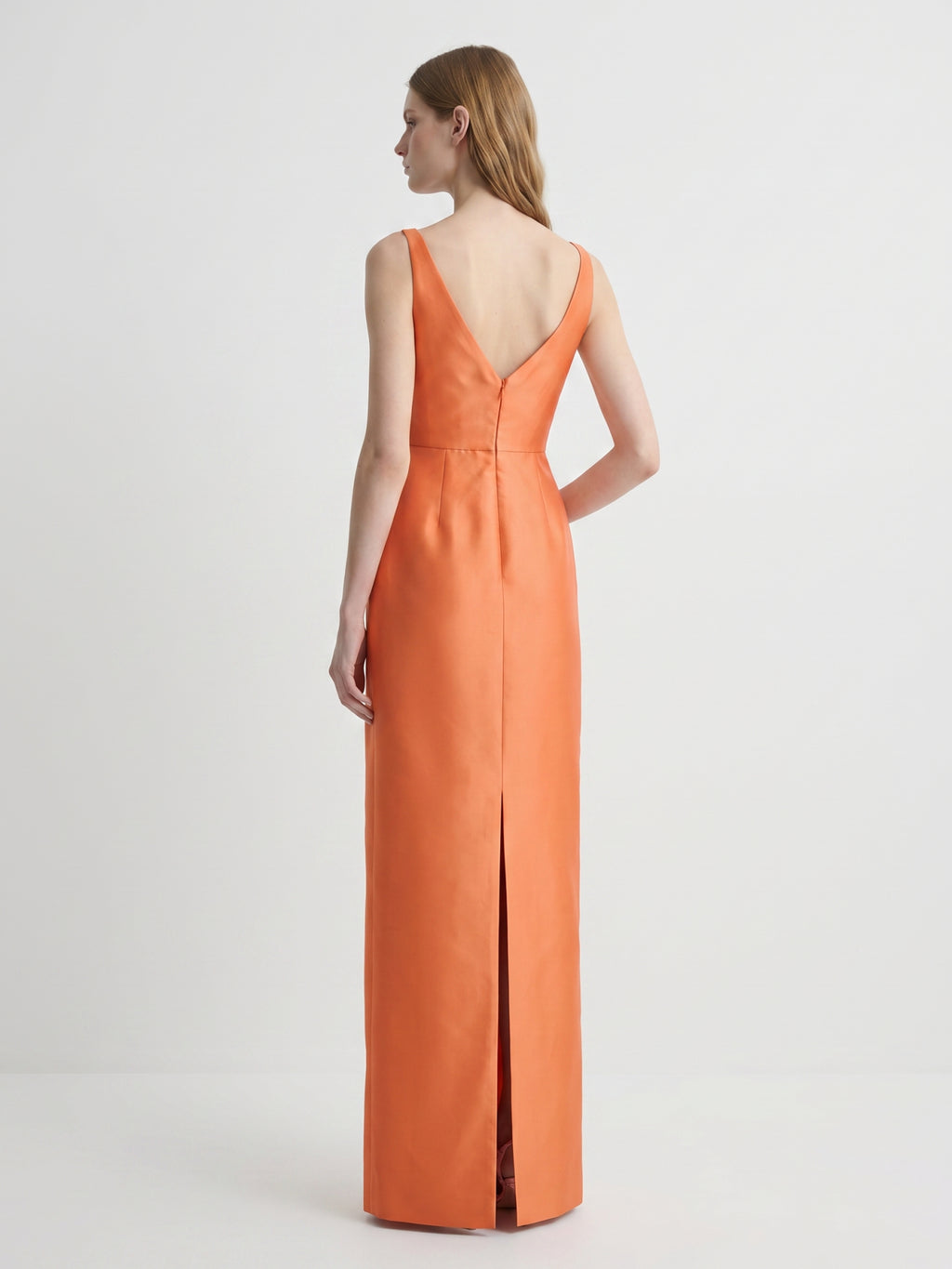 Sleek Orange Satin Sheath Straight Neck V-Back Floor-Length Bridesmaid Dress
