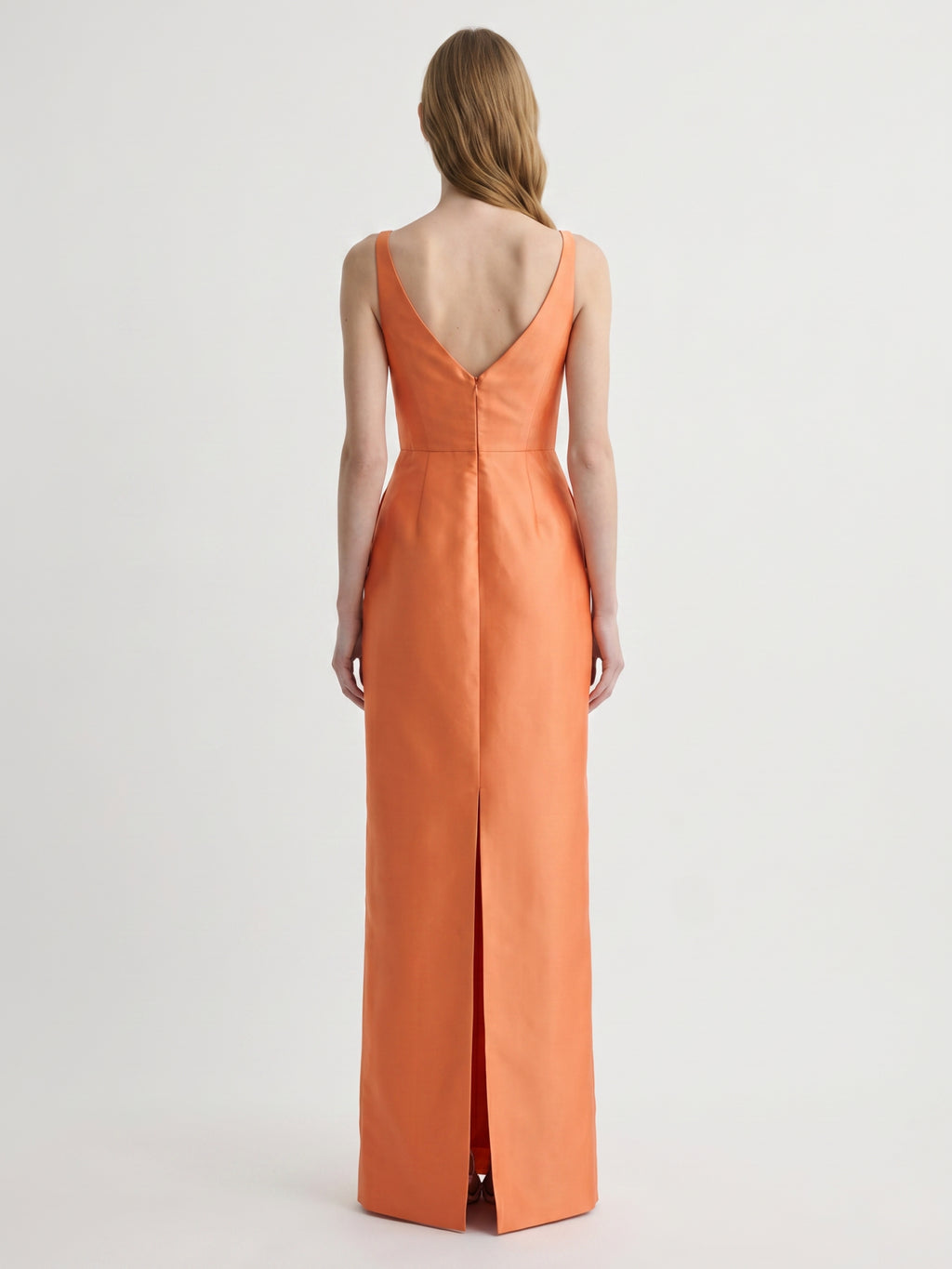 Sleek Orange Satin Sheath Straight Neck V-Back Floor-Length Bridesmaid Dress