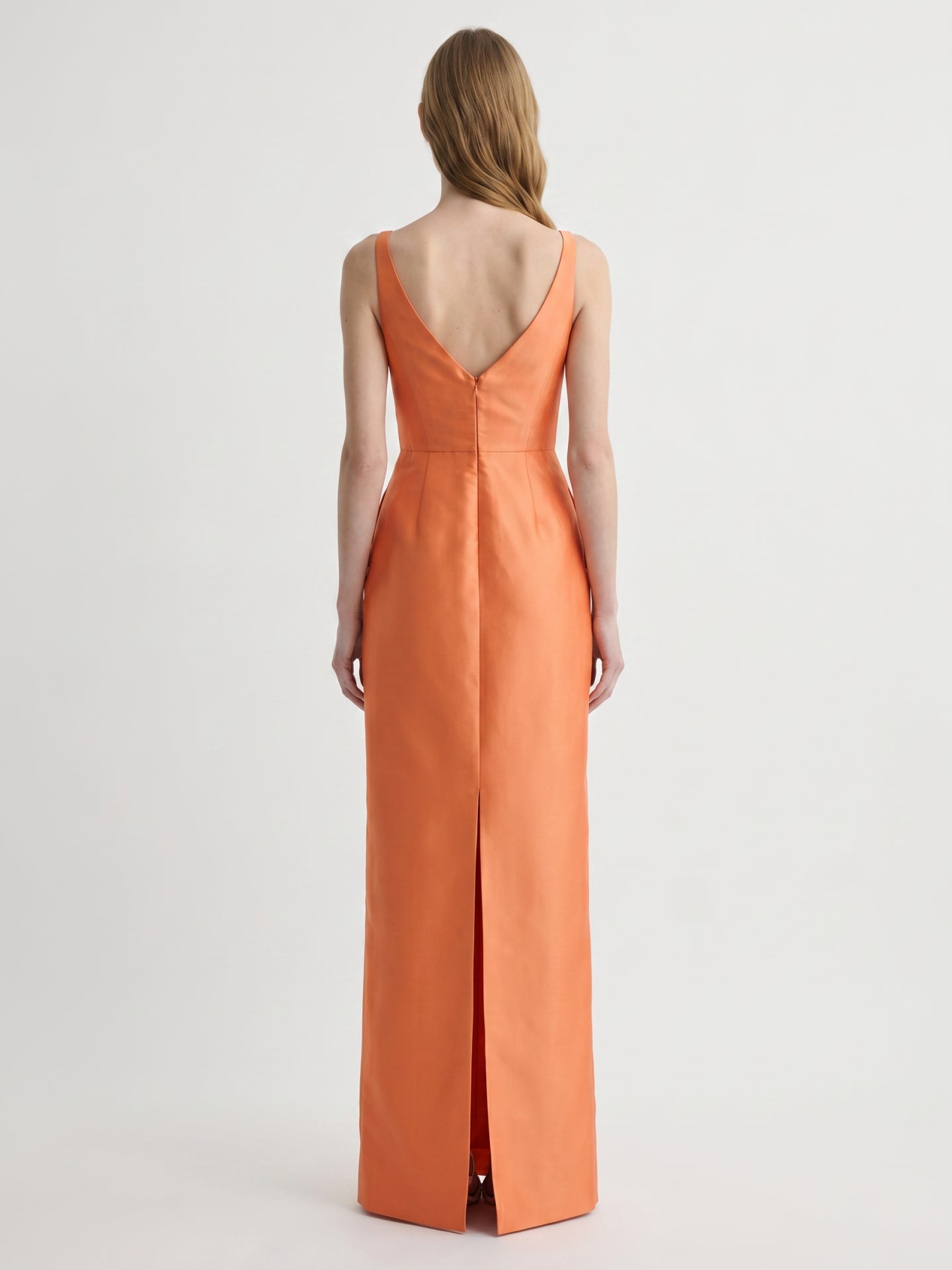Sleek Orange Satin Sheath Straight Neck V-Back Floor-Length Bridesmaid Dress