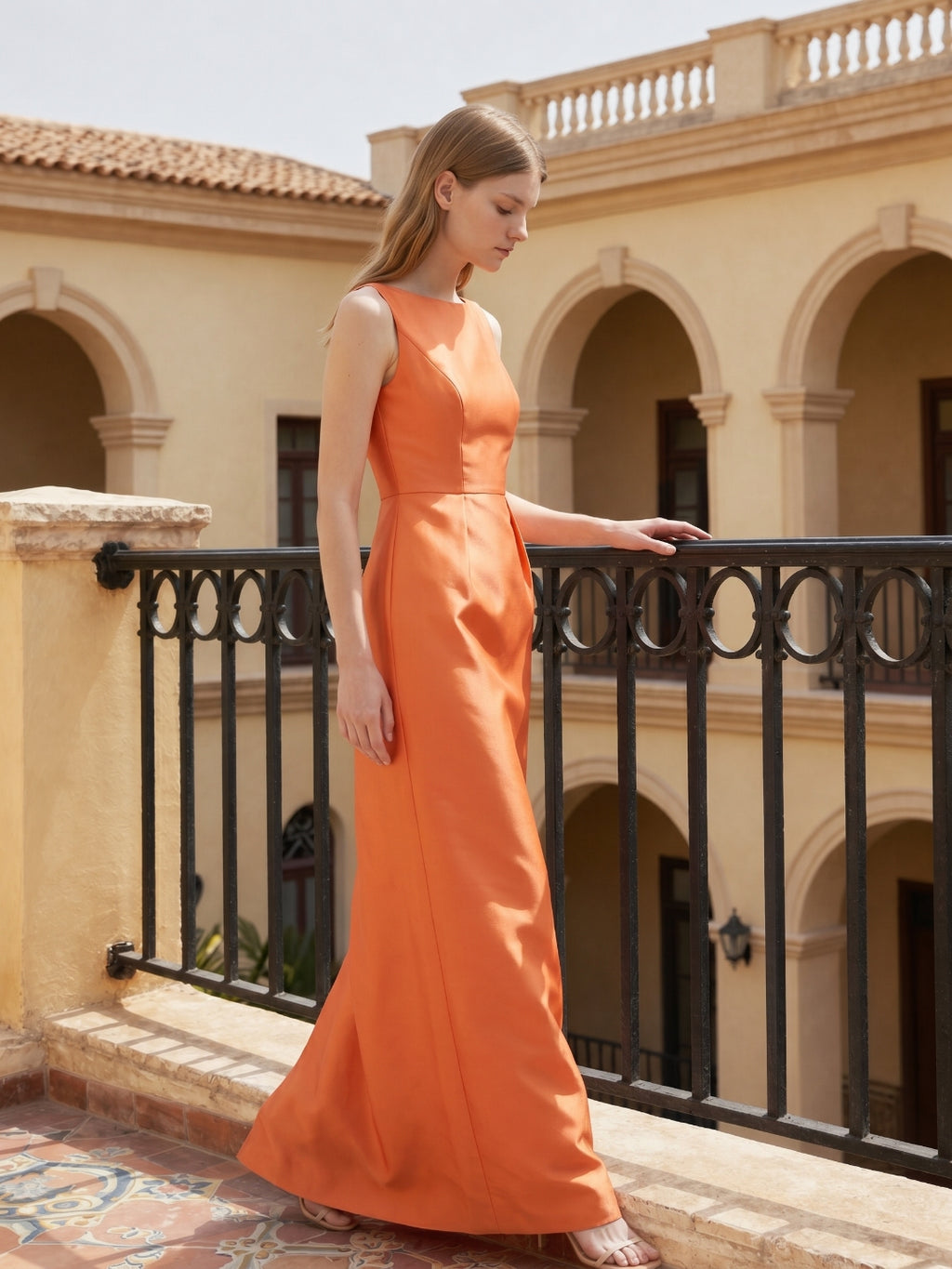 Sleek Orange Satin Sheath Straight Neck V-Back Floor-Length Bridesmaid Dress