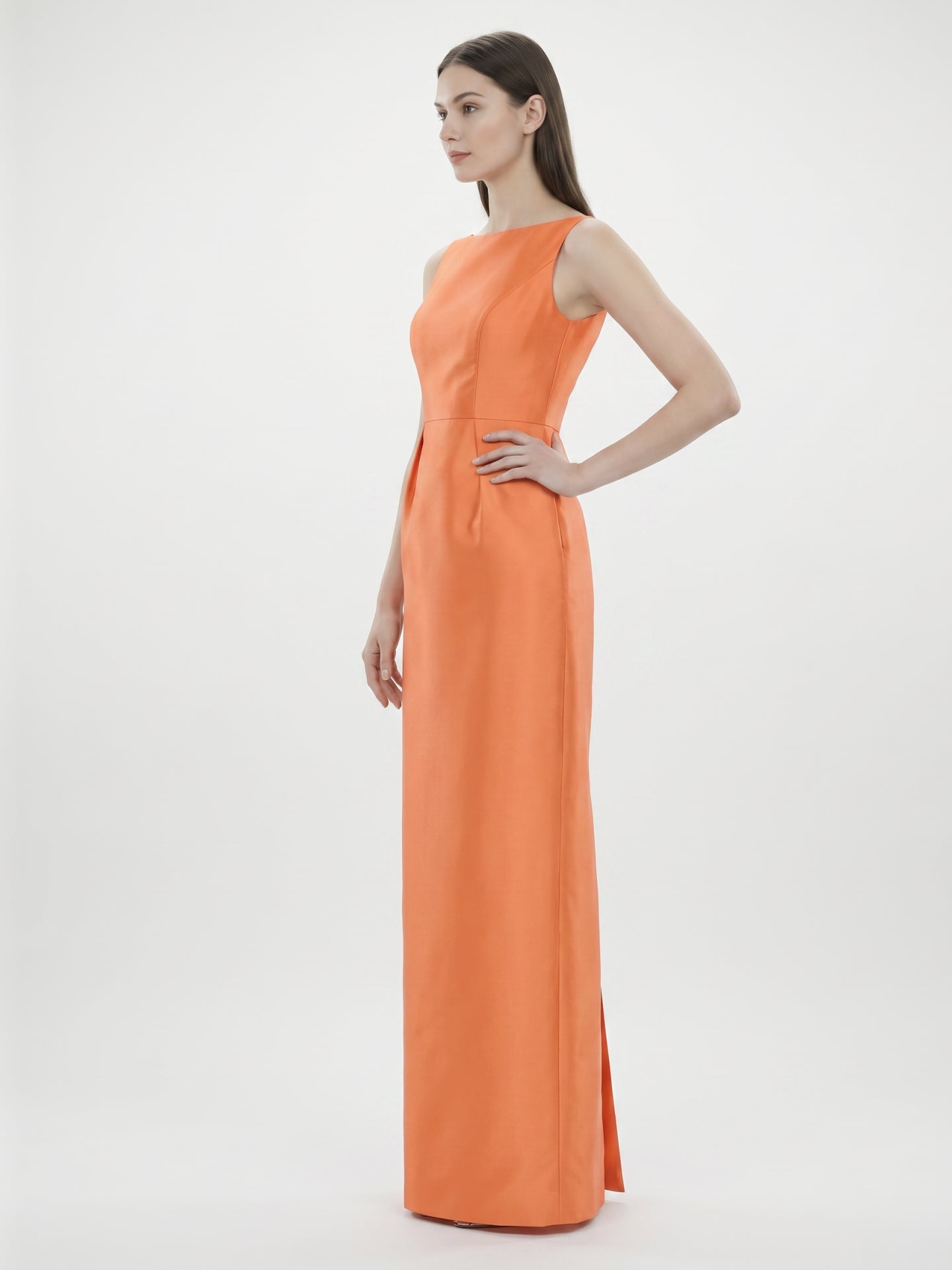 Sleek Orange Satin Sheath Straight Neck V-Back Floor-Length Bridesmaid Dress