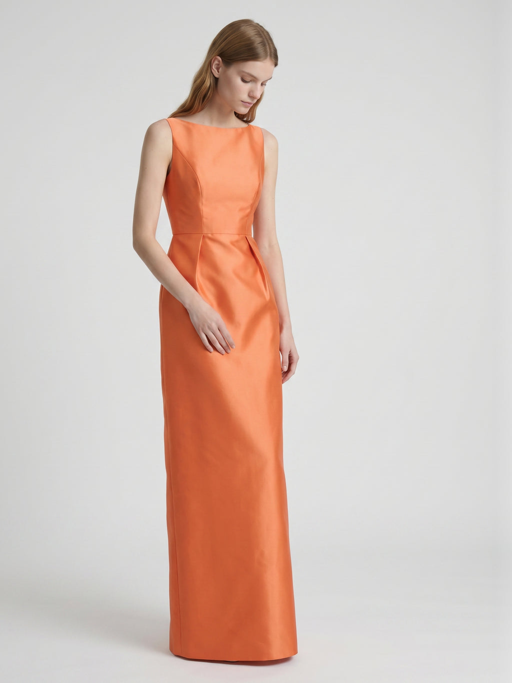 Sleek Orange Satin Sheath Straight Neck V-Back Floor-Length Bridesmaid Dress