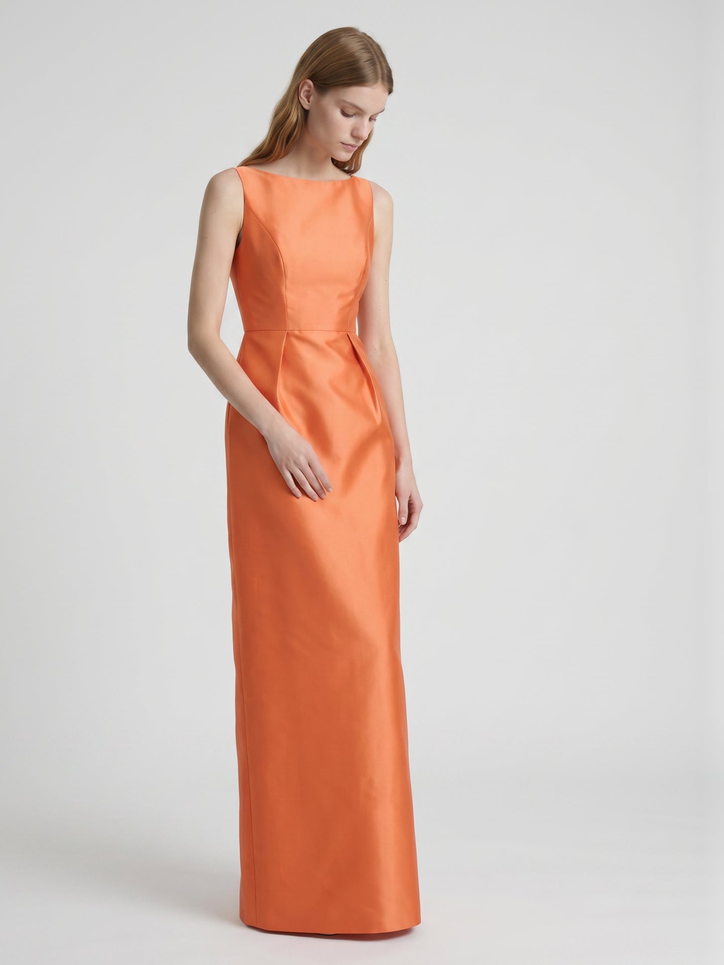 Sleek Orange Satin Sheath Straight Neck V-Back Floor-Length Bridesmaid Dress