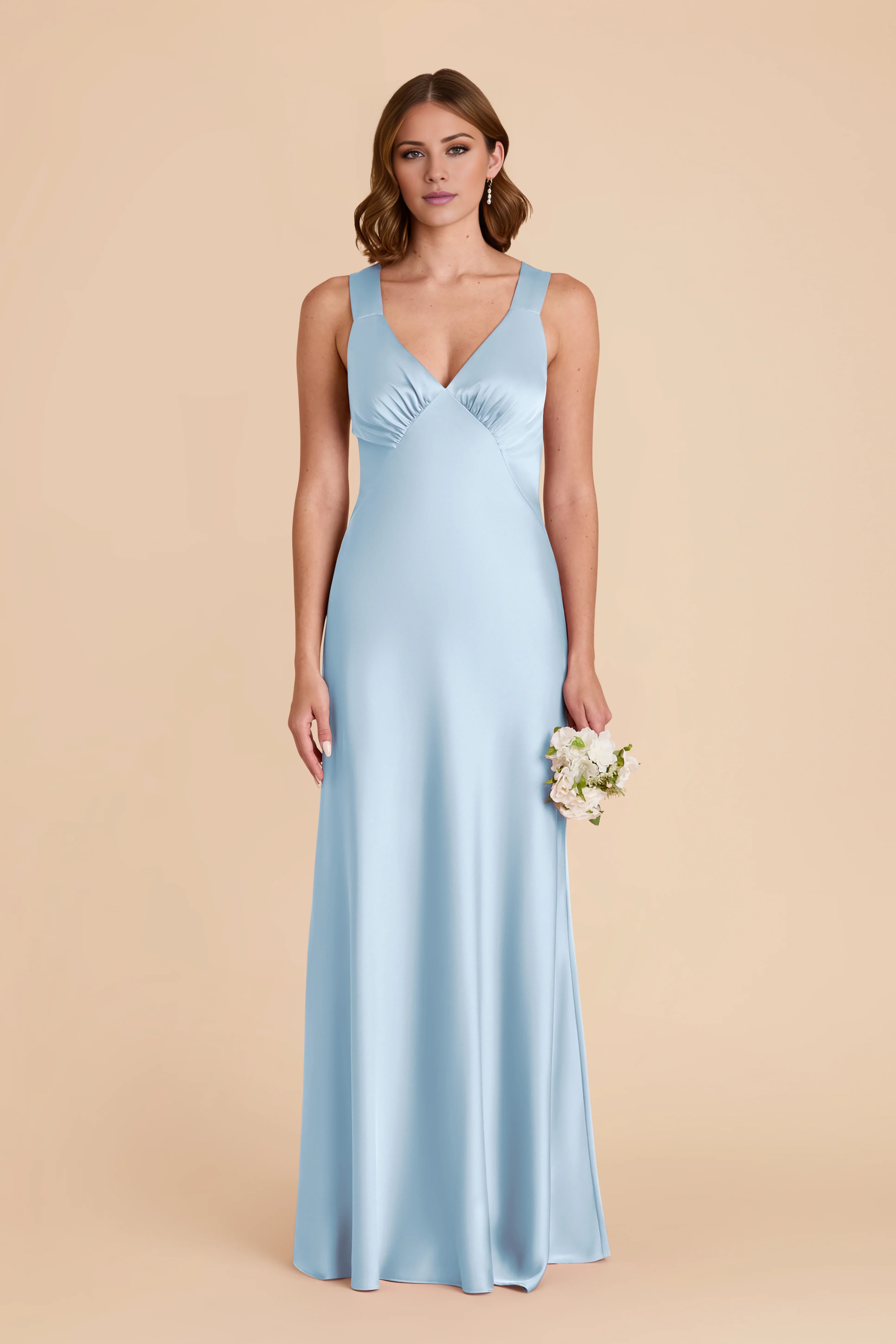 Sleek Sky Blue Satin Deep V-Neck Crisscross Back Maxi Bridesmaid Dress with Ruched Bust Detail