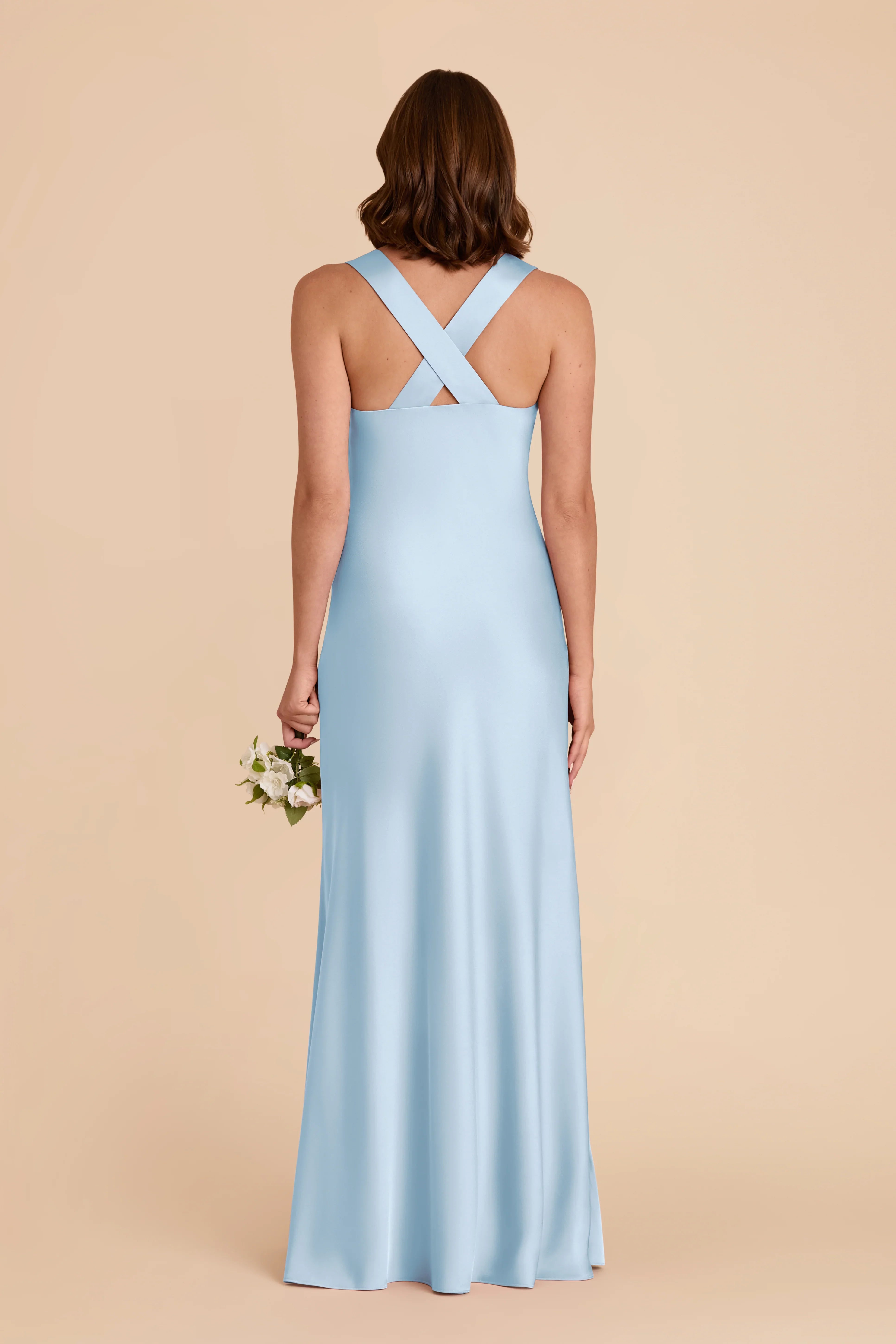 Sleek Sky Blue Satin Deep V-Neck Crisscross Back Maxi Bridesmaid Dress with Ruched Bust Detail