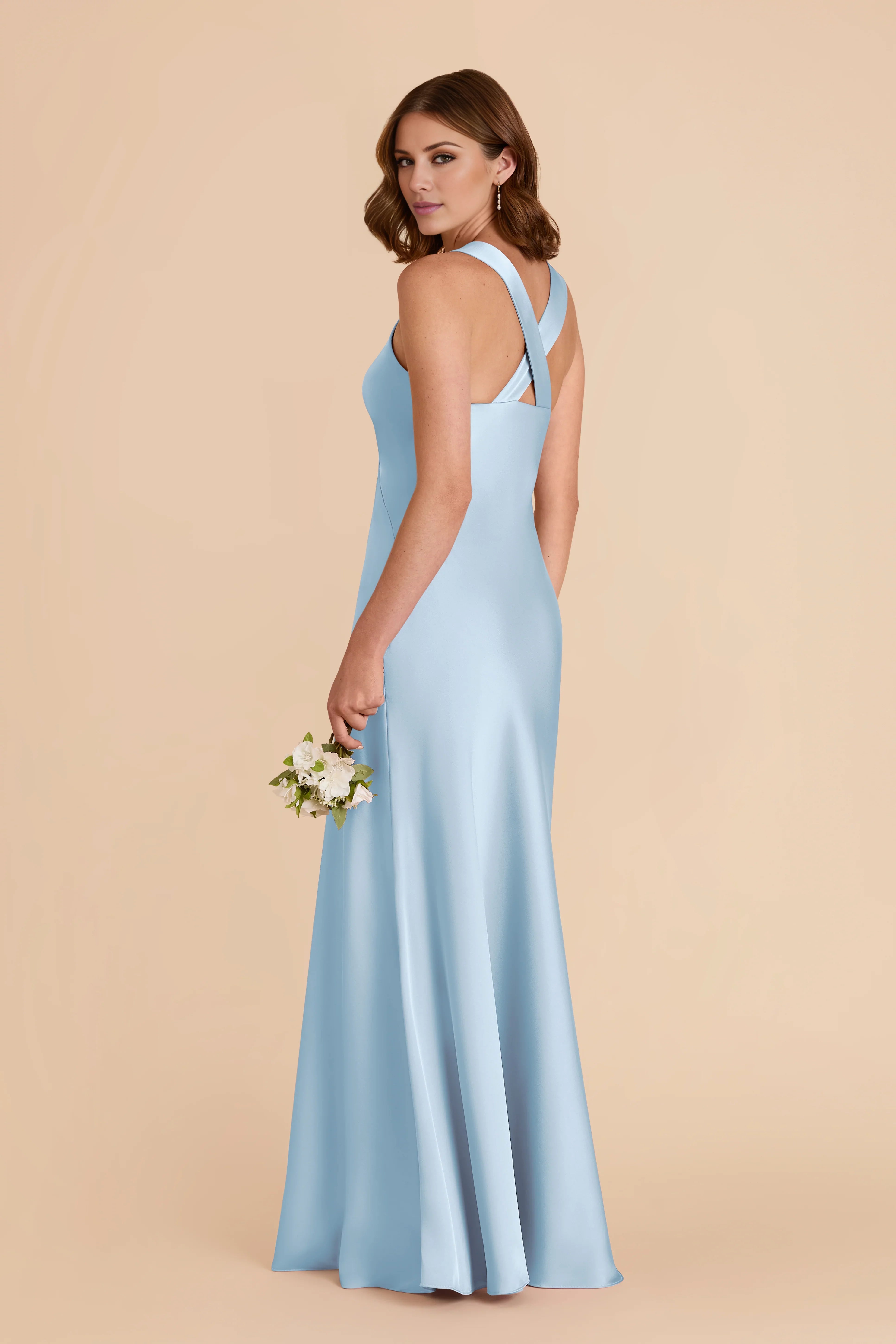 Sleek Sky Blue Satin Deep V-Neck Crisscross Back Maxi Bridesmaid Dress with Ruched Bust Detail