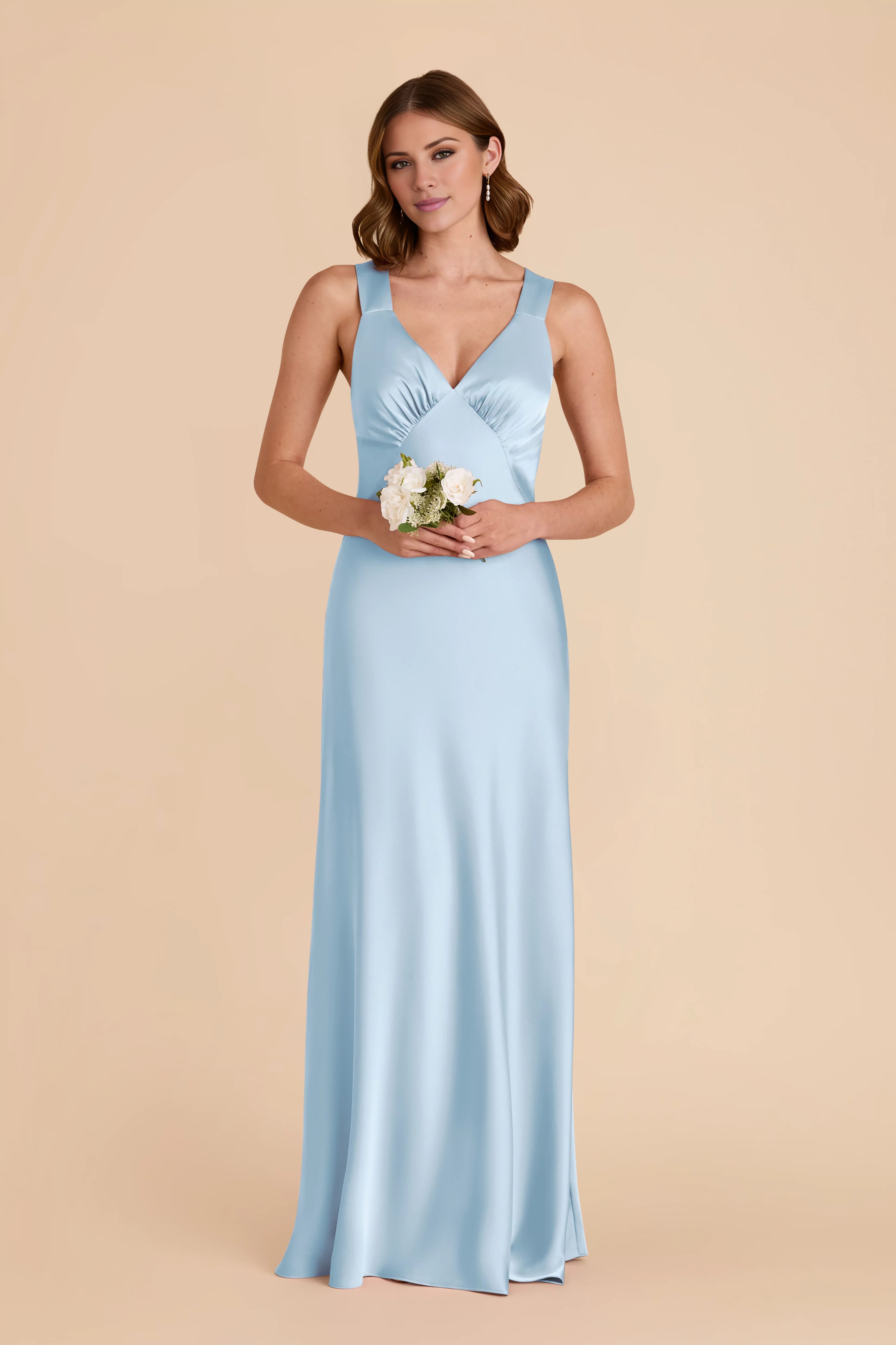Sleek Sky Blue Satin Deep V-Neck Crisscross Back Maxi Bridesmaid Dress with Ruched Bust Detail
