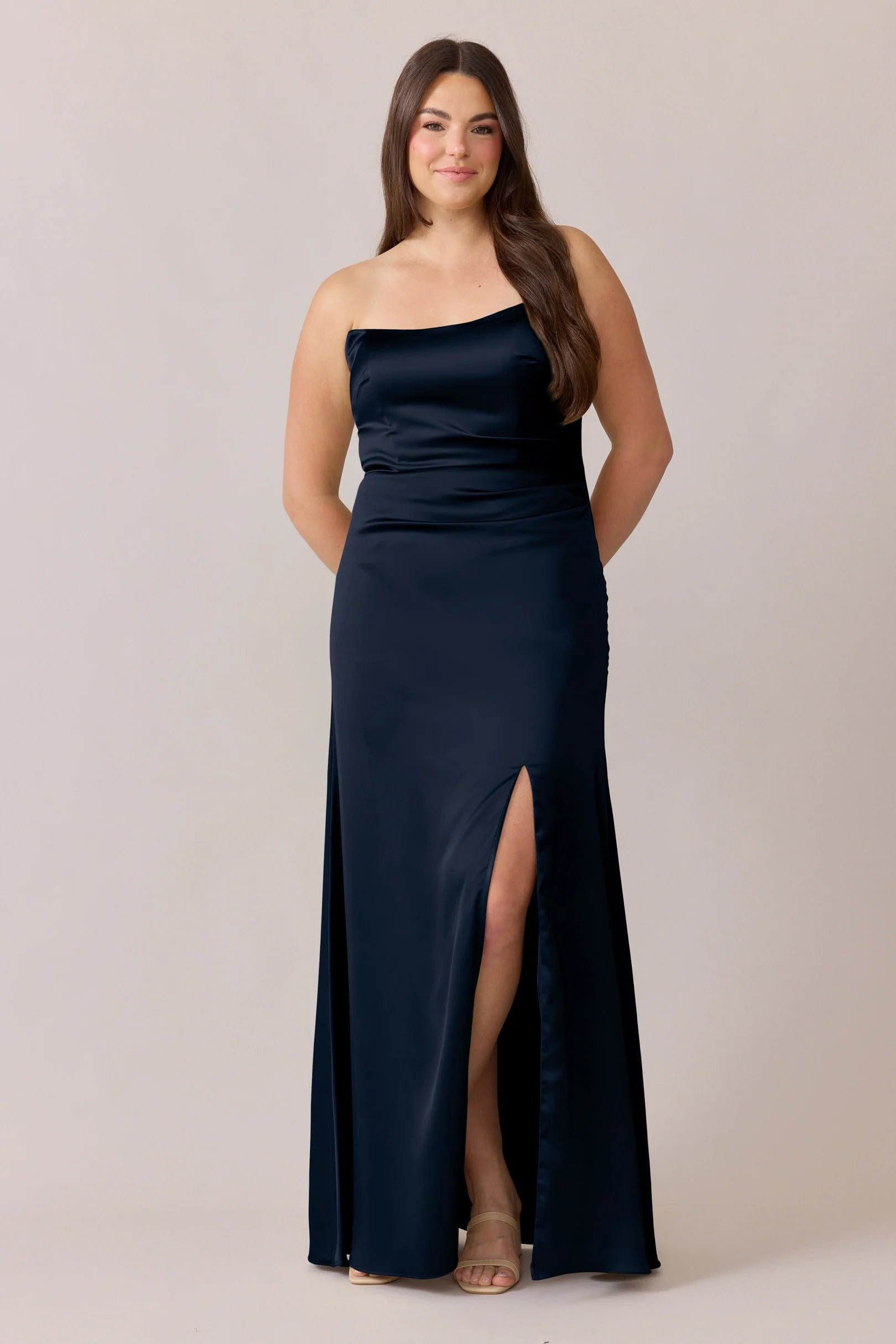 Sleek Strapless Satin A-Line Bridesmaid Dress with High Side Slit & Pockets