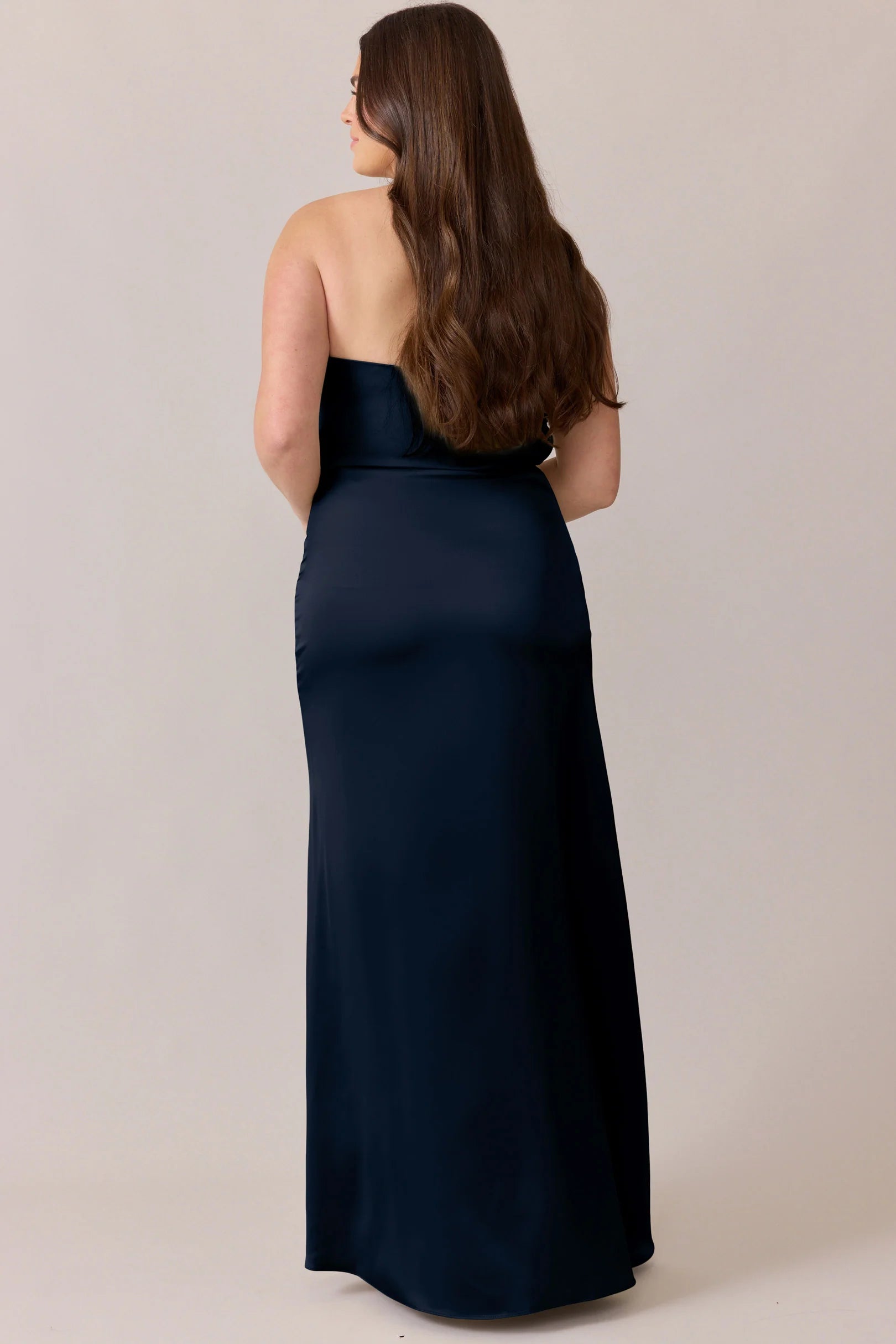 Sleek Strapless Satin A-Line Bridesmaid Dress with High Side Slit & Pockets