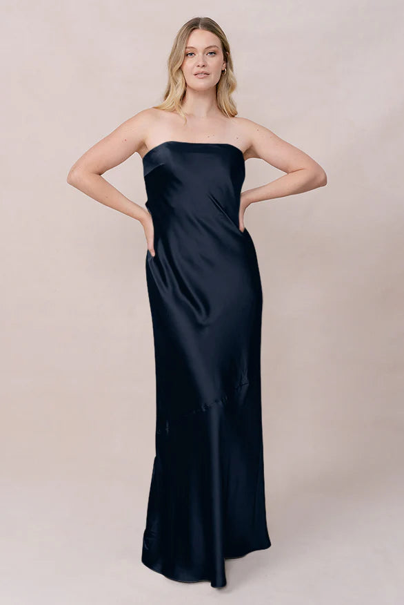Sleek Strapless Satin Mermaid Bridesmaid Dress with Back Cutout & Pockets