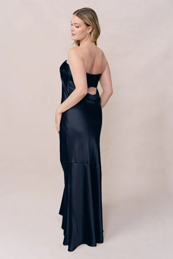 Sleek Strapless Satin Mermaid Bridesmaid Dress with Back Cutout & Pockets