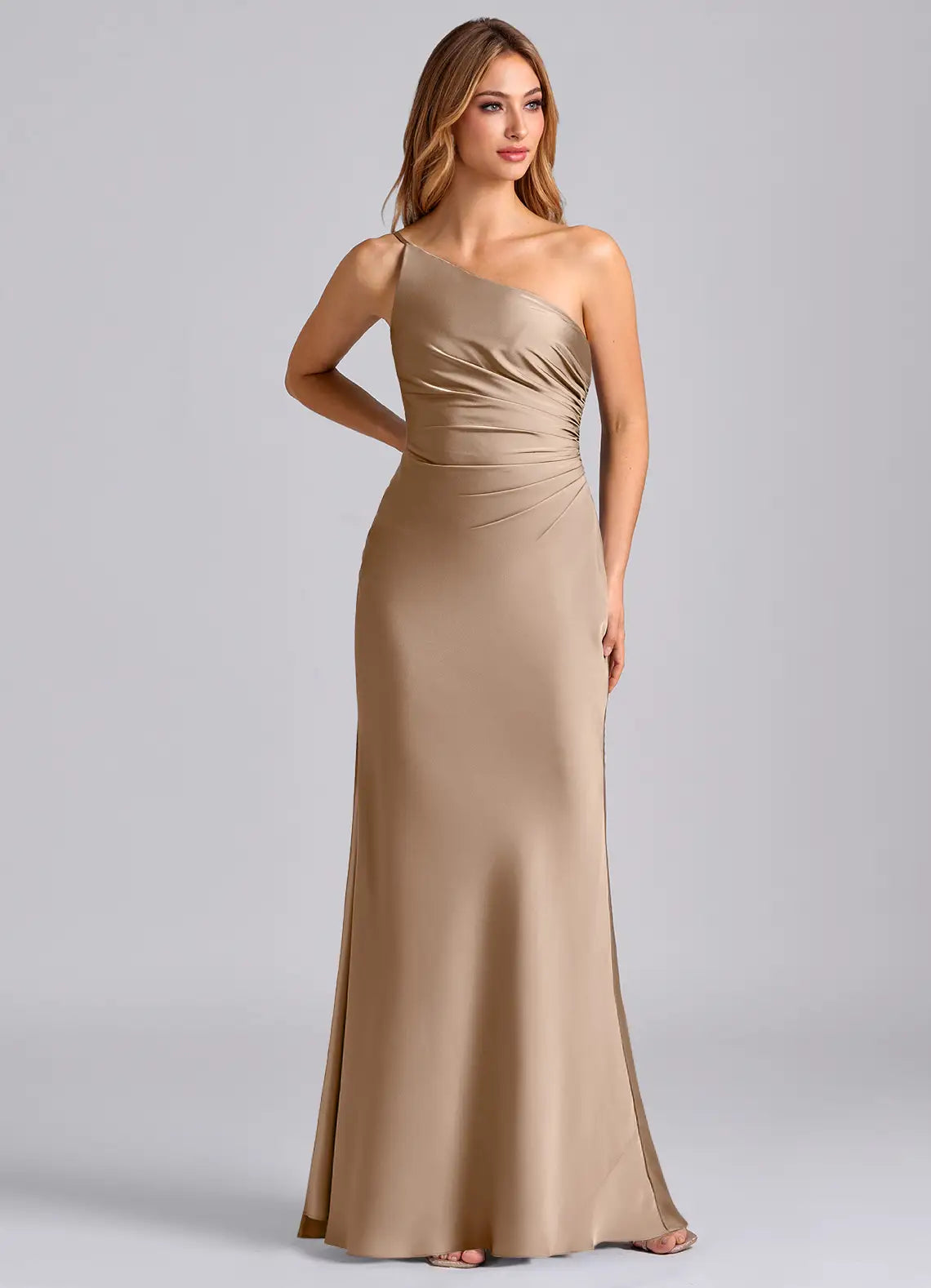 Sleek Taupe Satin Bridesmaid Dresses with One-Shoulder Neck, Ruched Waist, High Slit and Floor-Length Silhouette