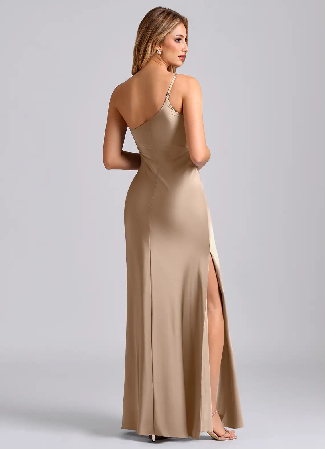 Sleek Taupe Satin Bridesmaid Dresses with One-Shoulder Neck, Ruched Waist, High Slit and Floor-Length Silhouette