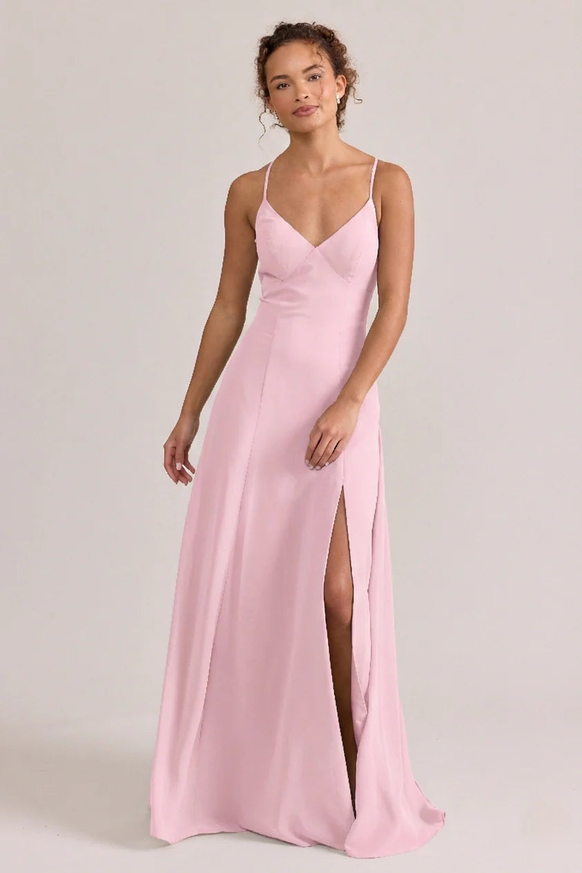 Slim Silky V-neck Spaghetti Strap Cross Open Back Slit Floor-length Bridesmaid Evening Dress