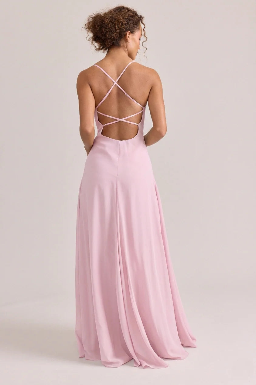 Slim Silky V-neck Spaghetti Strap Cross Open Back Slit Floor-length Bridesmaid Evening Dress