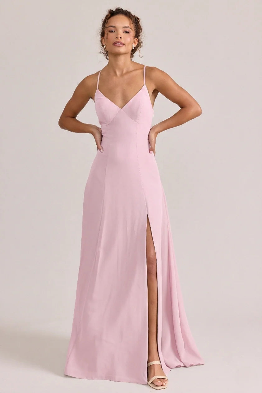 Slim Silky V-neck Spaghetti Strap Cross Open Back Slit Floor-length Bridesmaid Evening Dress